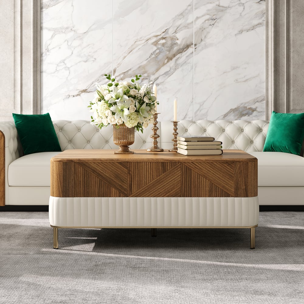 HMR - Wovent Mid-Century Modern Walnut Wood Rectangular Coffee Table with Storage