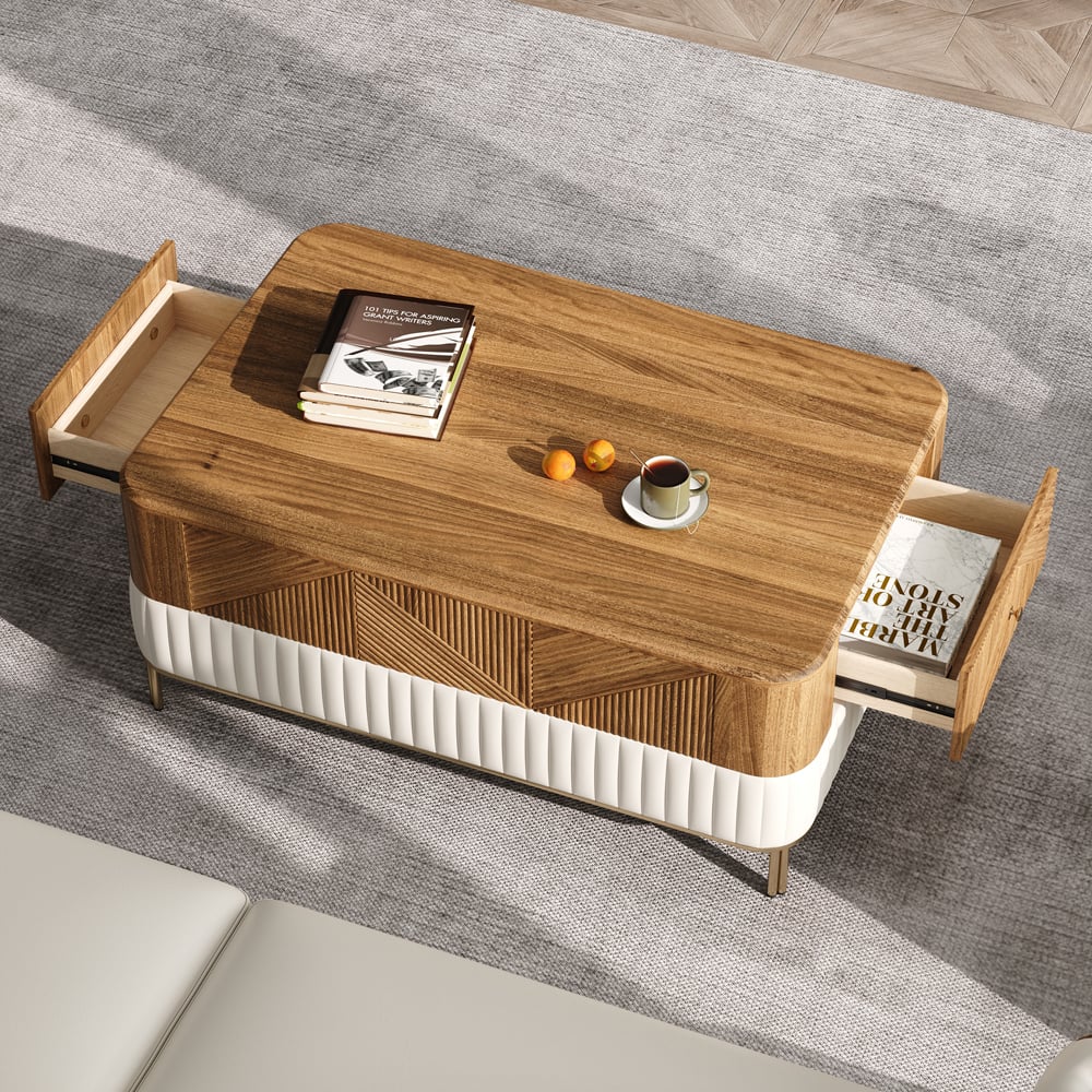 HMR - Wovent Mid-Century Modern Walnut Wood Rectangular Coffee Table with Storage