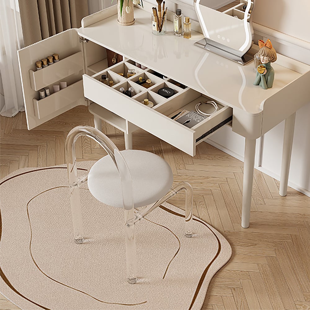 HMR - Modern White Vanity Stool with Back Velvet Upholstered Acrylic Chair for Bedroom