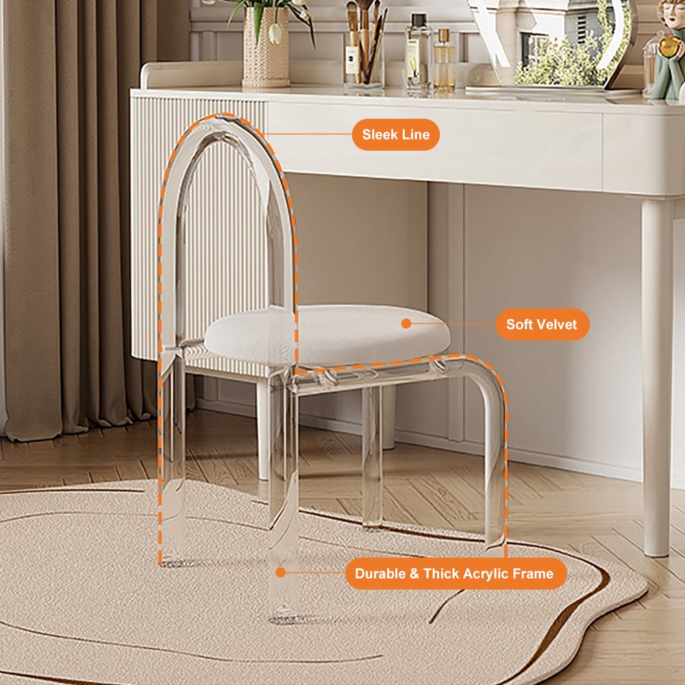 HMR - Modern White Vanity Stool with Back Velvet Upholstered Acrylic Chair for Bedroom