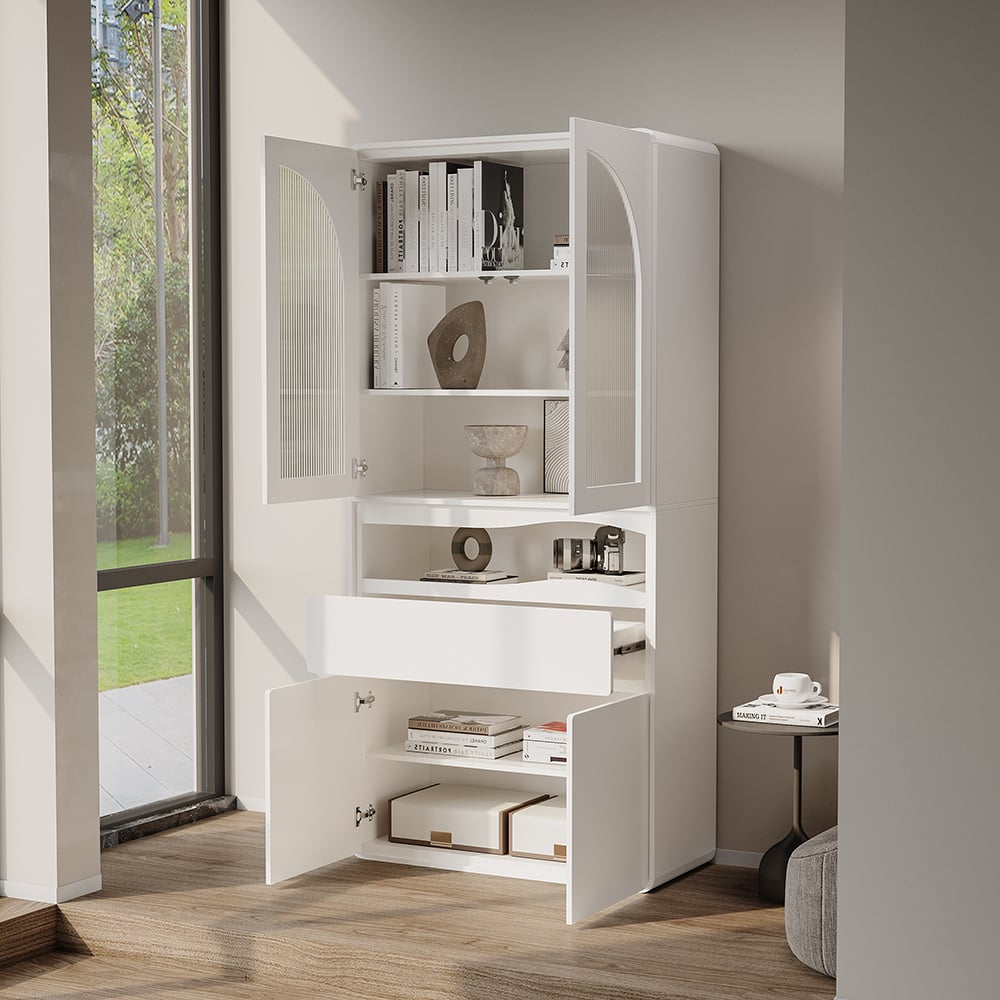 HMR - 74.8" Modern Modular Bookcase with 4 Doors and 1 Drawer White Wooden Bookshelf Storage