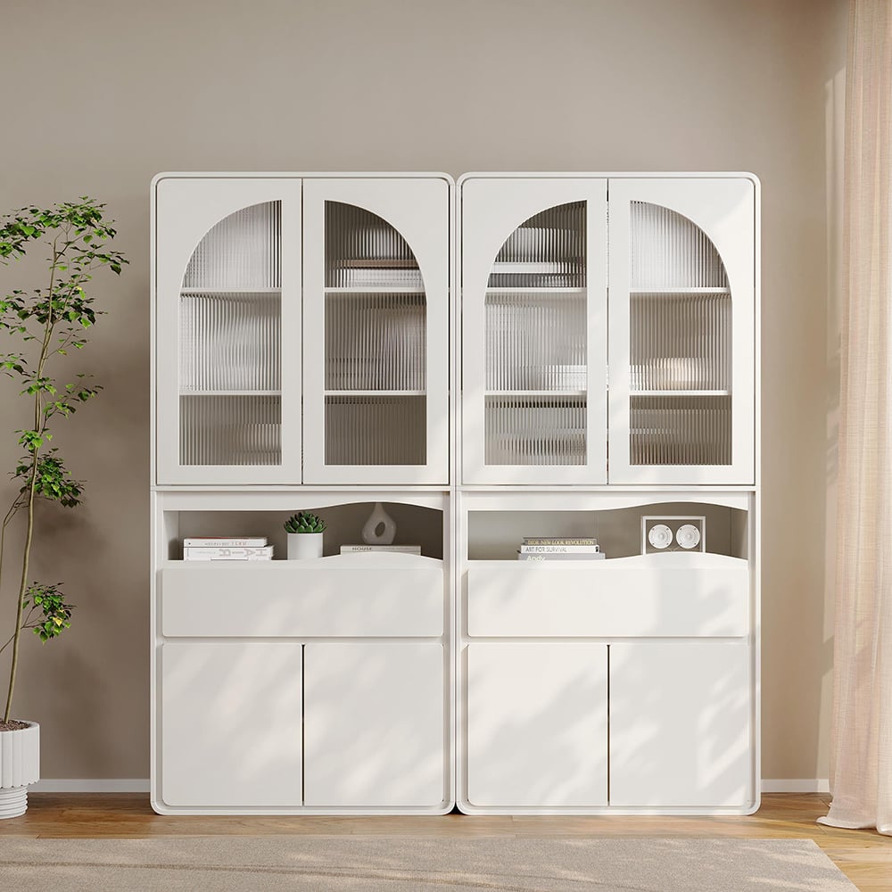 HMR - 74.8" Modern Modular Bookcase with 4 Doors and 1 Drawer White Wooden Bookshelf Storage