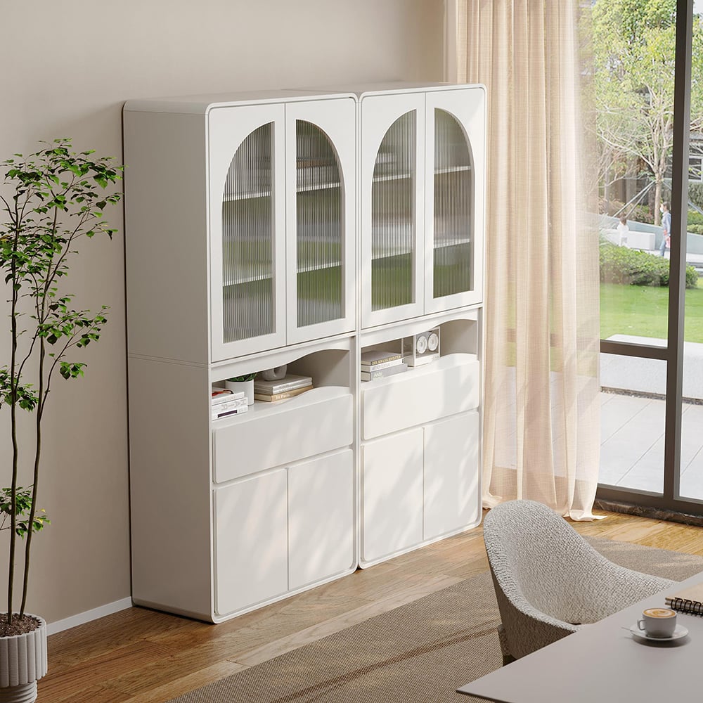 HMR - 74.8" Modern Modular Bookcase with 4 Doors and 1 Drawer White Wooden Bookshelf Storage