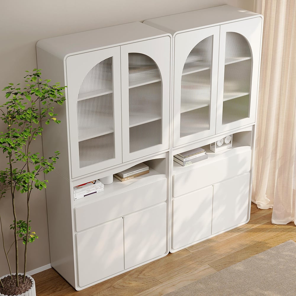 HMR - 74.8" Modern Modular Bookcase with 4 Doors and 1 Drawer White Wooden Bookshelf Storage