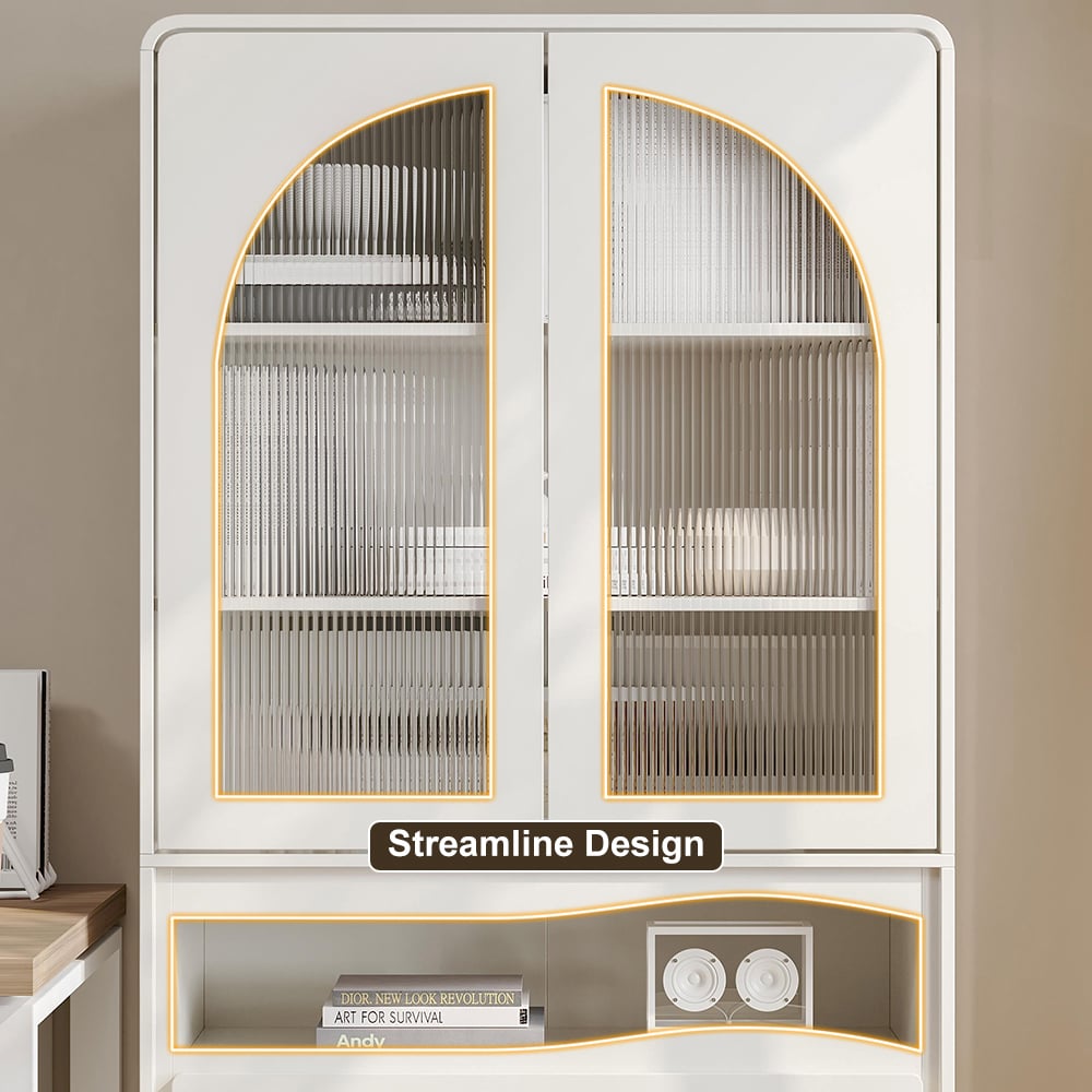 HMR - 74.8" Modern Modular Bookcase with 4 Doors and 1 Drawer White Wooden Bookshelf Storage