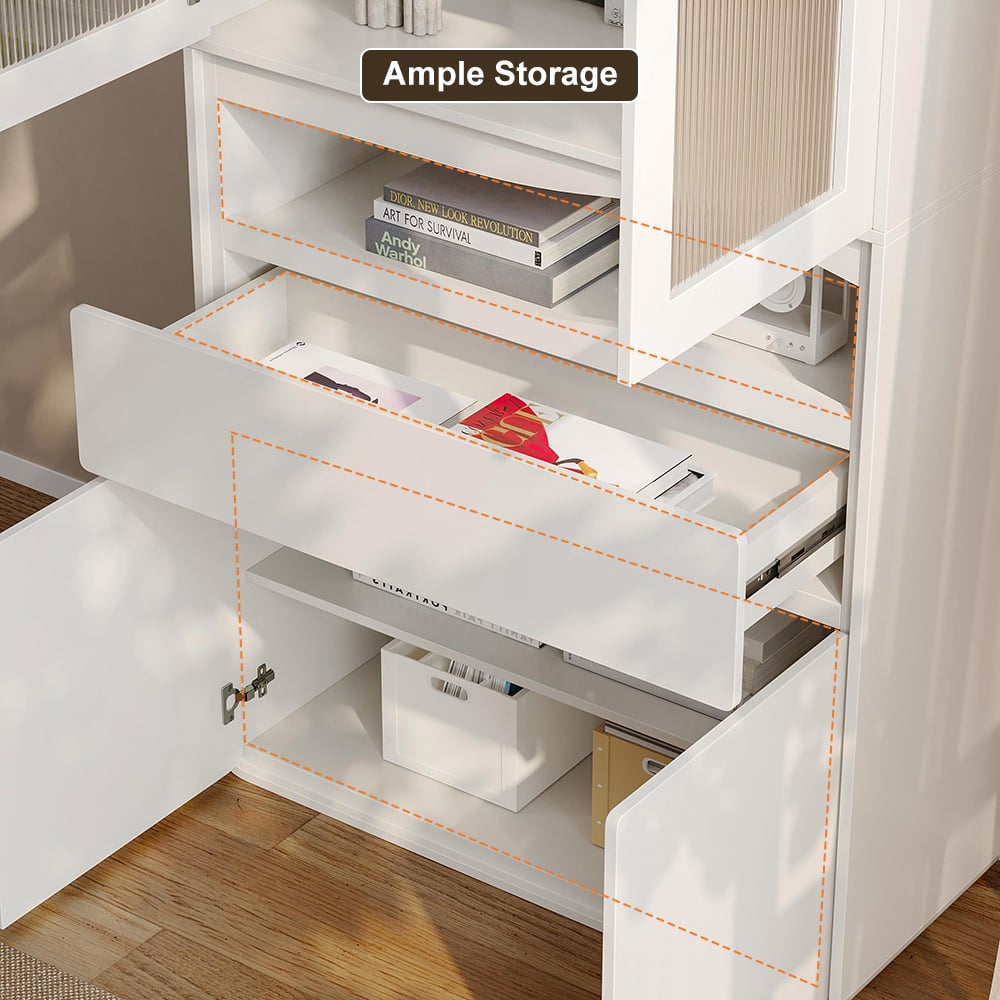 HMR - 74.8" Modern Modular Bookcase with 4 Doors and 1 Drawer White Wooden Bookshelf Storage