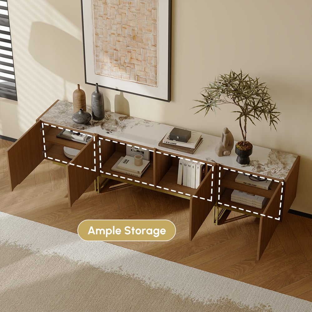 HMR Grovyn Sintered Stone Top Fluted TV Stand with Storage - Walnut, 78.7"W x 17.7"D x 23.6"H, Without Fireplace