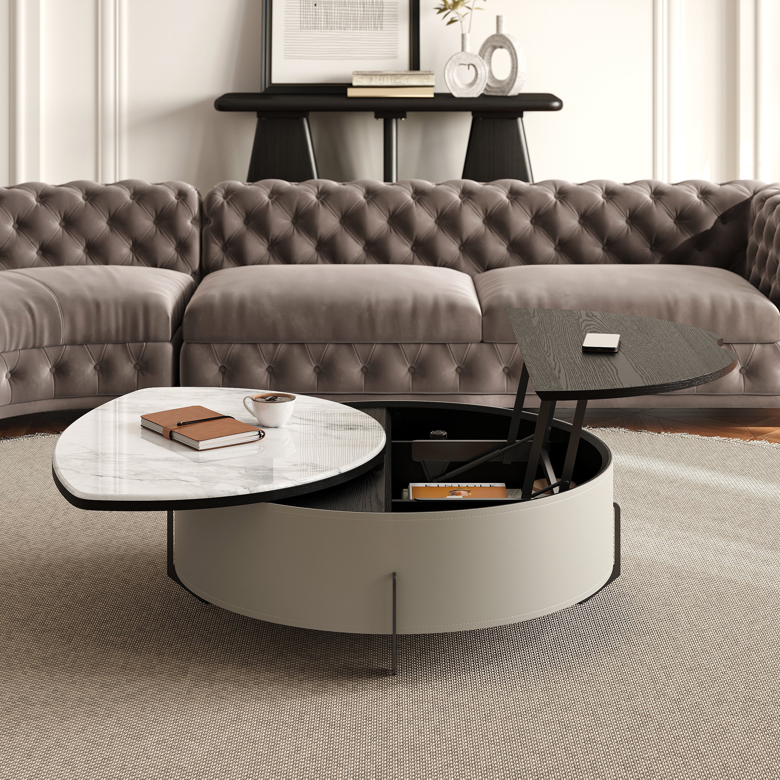 HMR - 35" White Faux Marble Leather Lift-Top Coffee Table