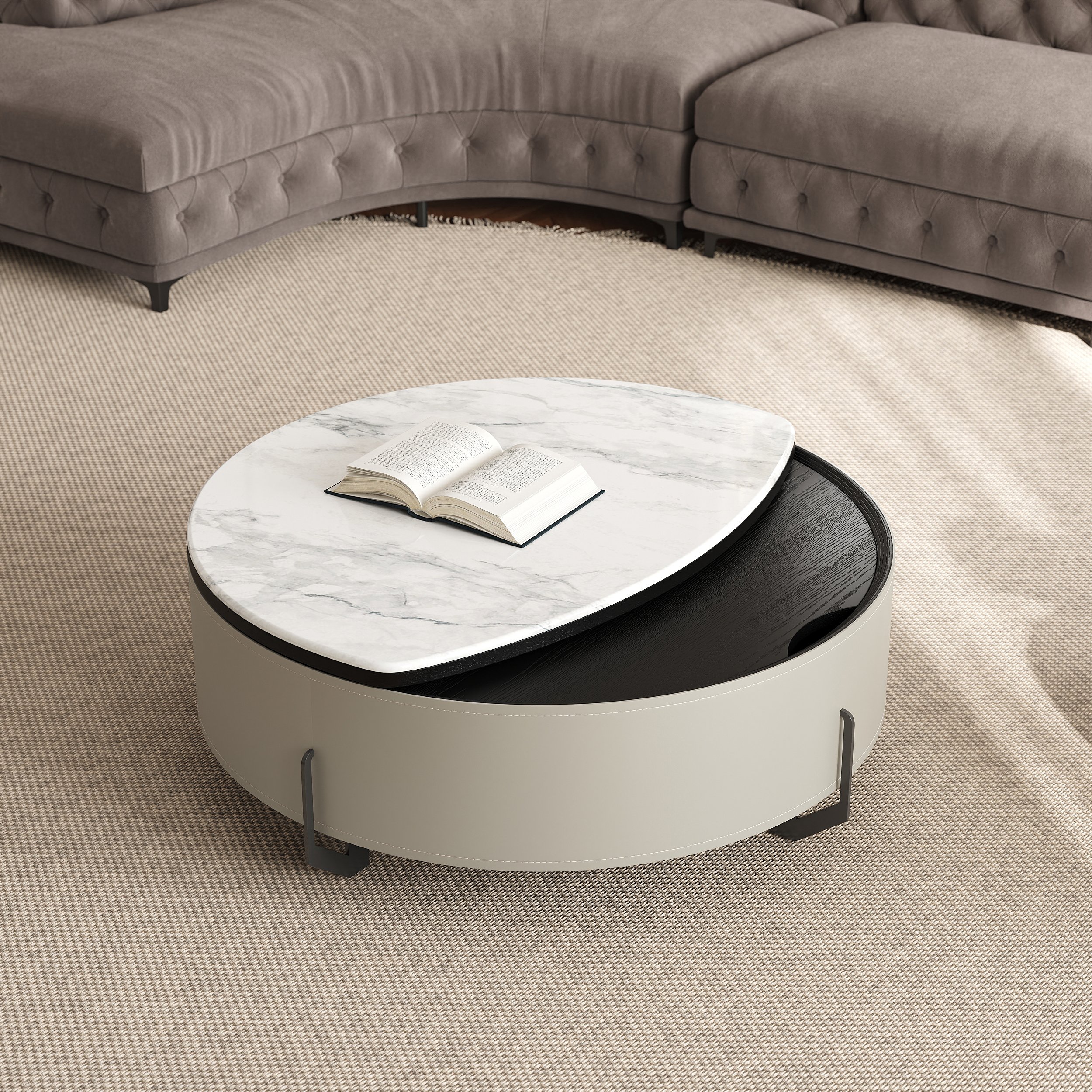 HMR - 35" White Faux Marble Leather Lift-Top Coffee Table