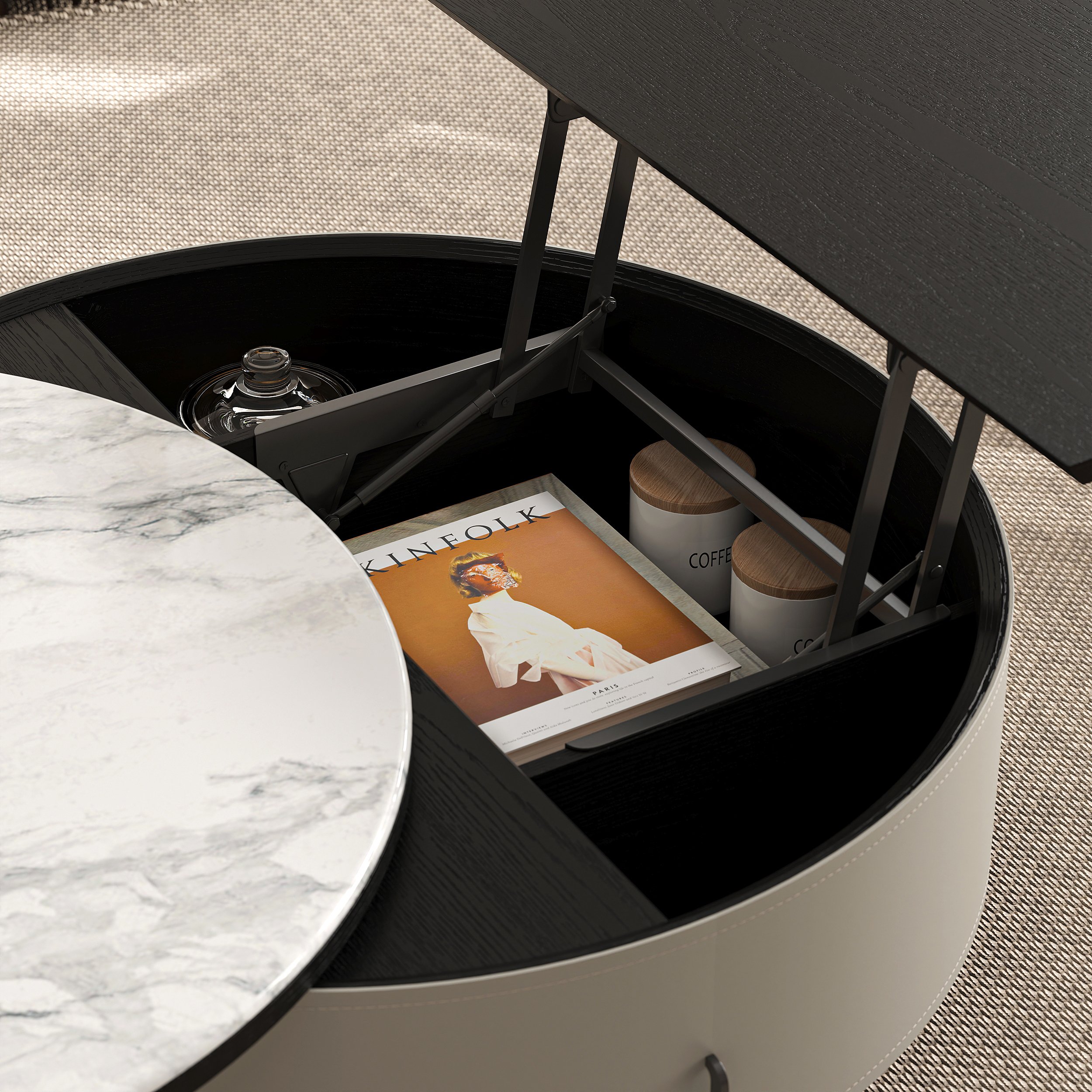 HMR - 35" White Faux Marble Leather Lift-Top Coffee Table