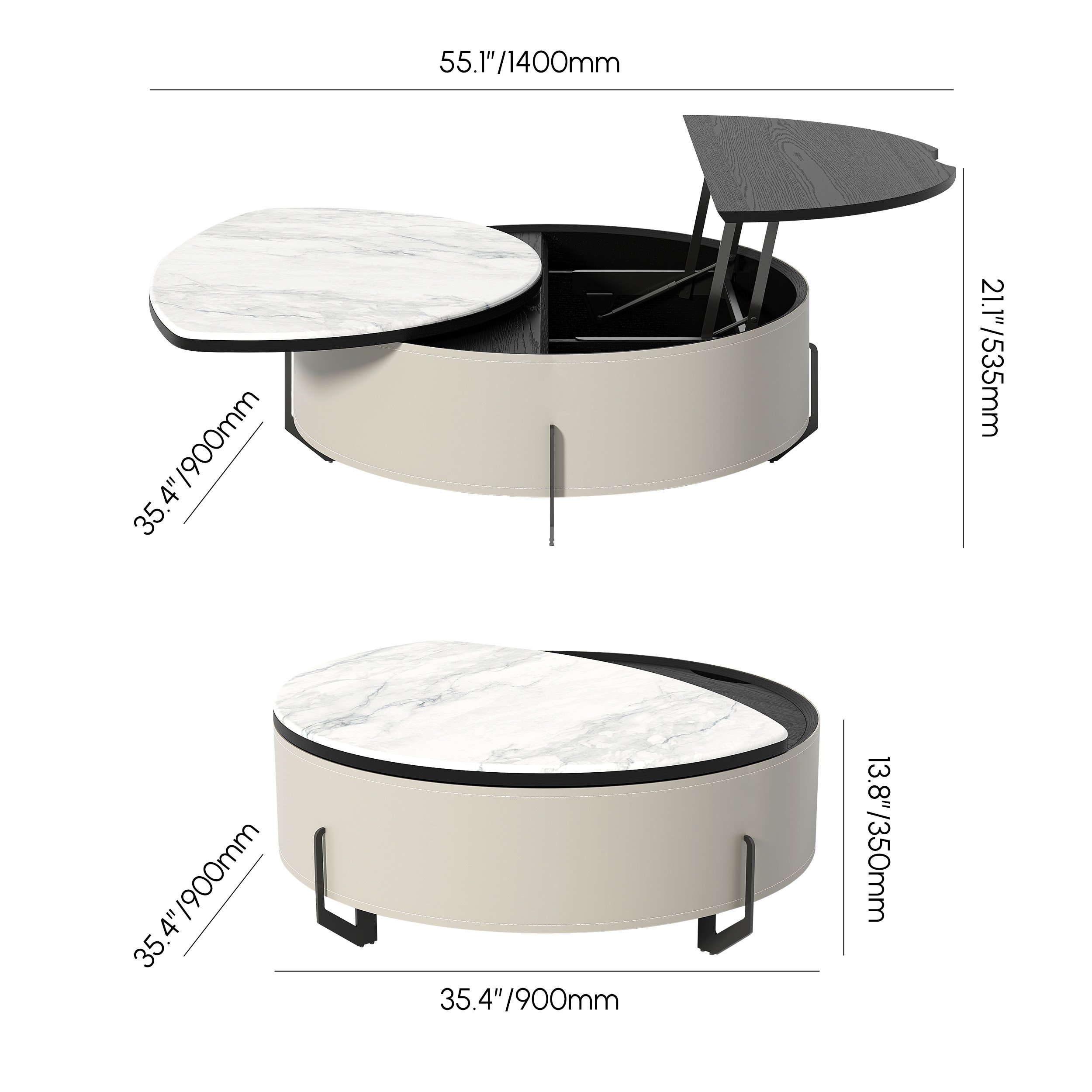 HMR - 35" White Faux Marble Leather Lift-Top Coffee Table