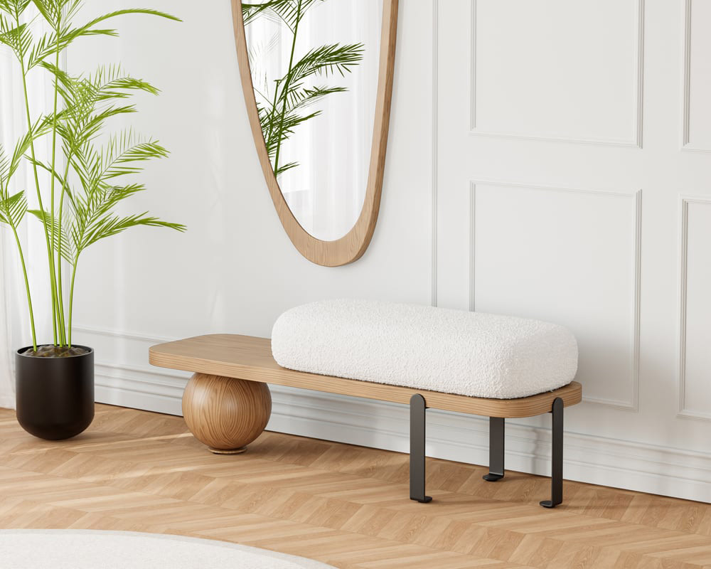 HMR Wooden Entryway Bench Fleece Upholstered with Abstract Metal Legs - Natural/Black