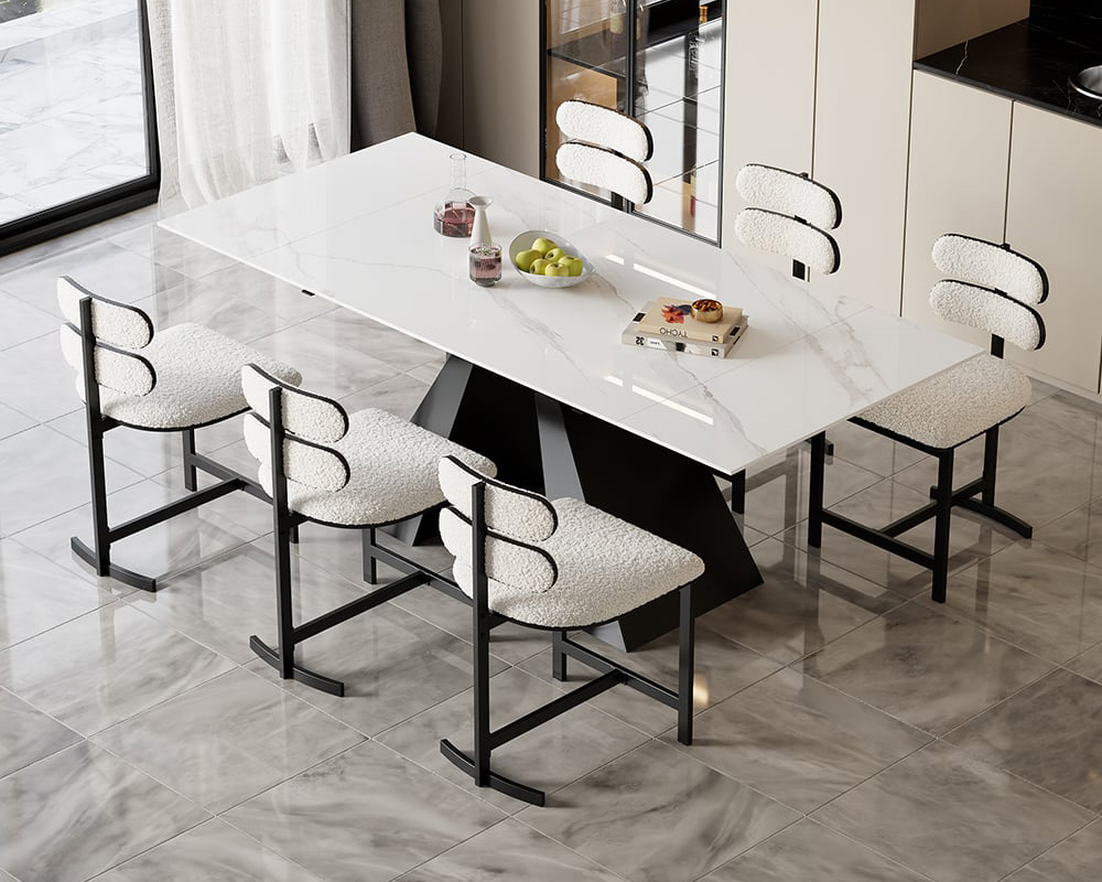 HMR Modern Wood Dining Chairs with PU Leather - White, Boucle, 2-Pieces