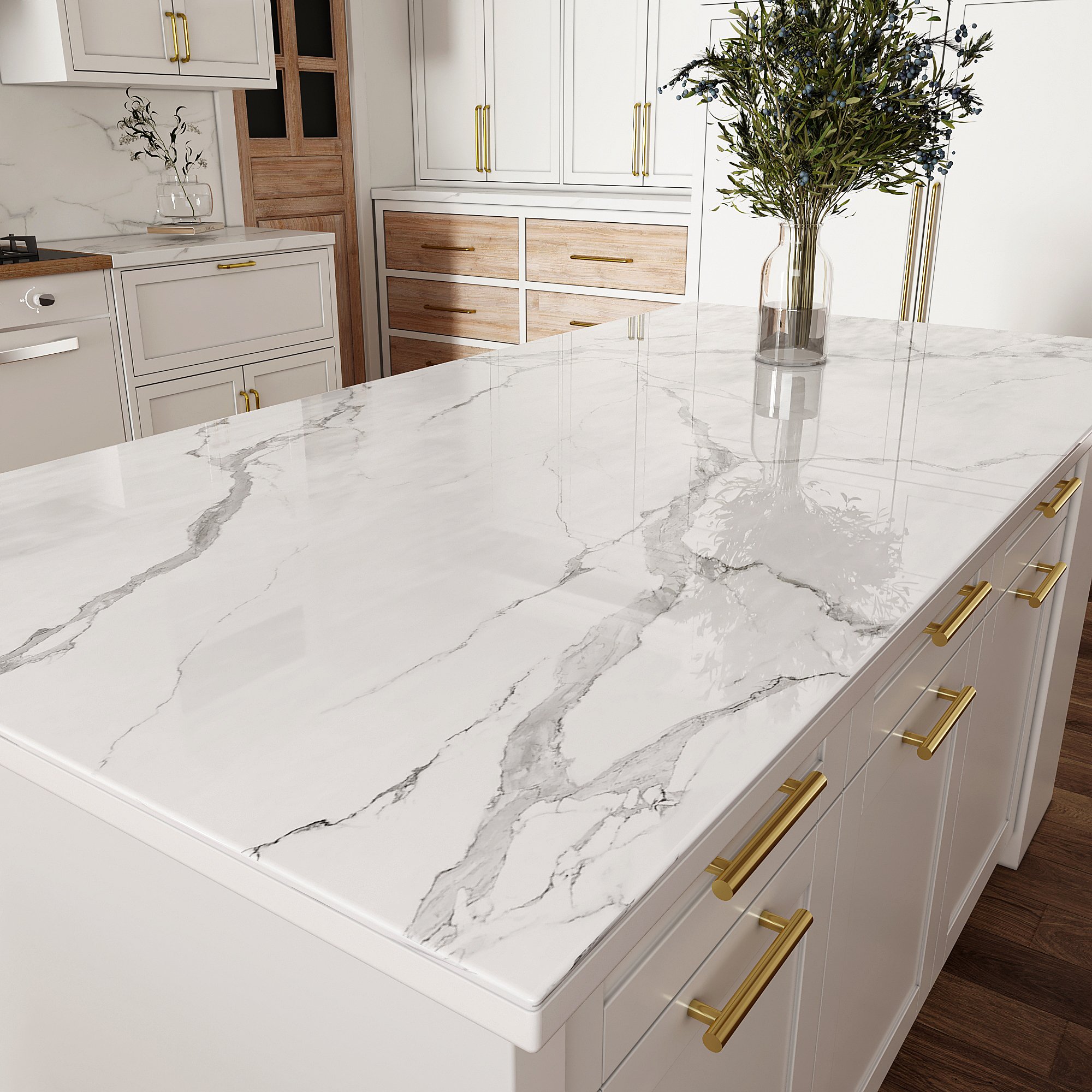 HMR 72" Modern Style Laminate Kitchen Islands with Multi-Storage - White, Sintered Stone