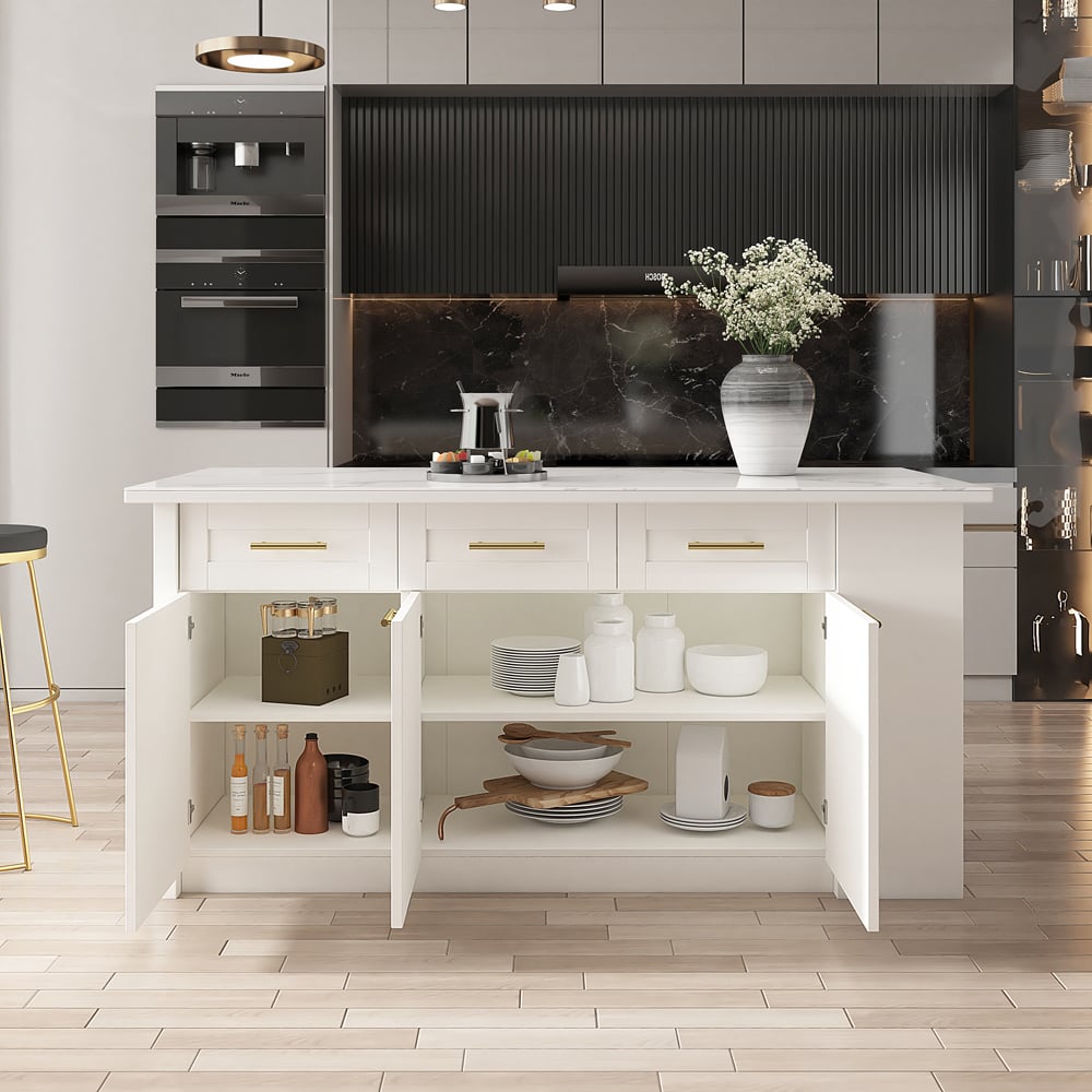 HMR 72" Modern Style Laminate Kitchen Islands with Multi-Storage - White, Sintered Stone