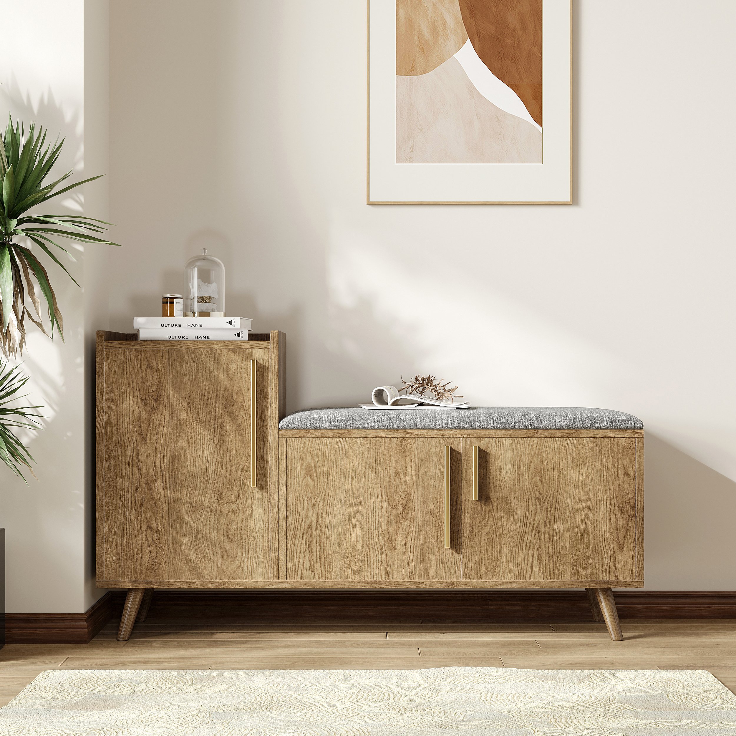 HMR 47" Shoe Storage Bench with 3 Doors & 5 Shelves - Walnut, Left Hand