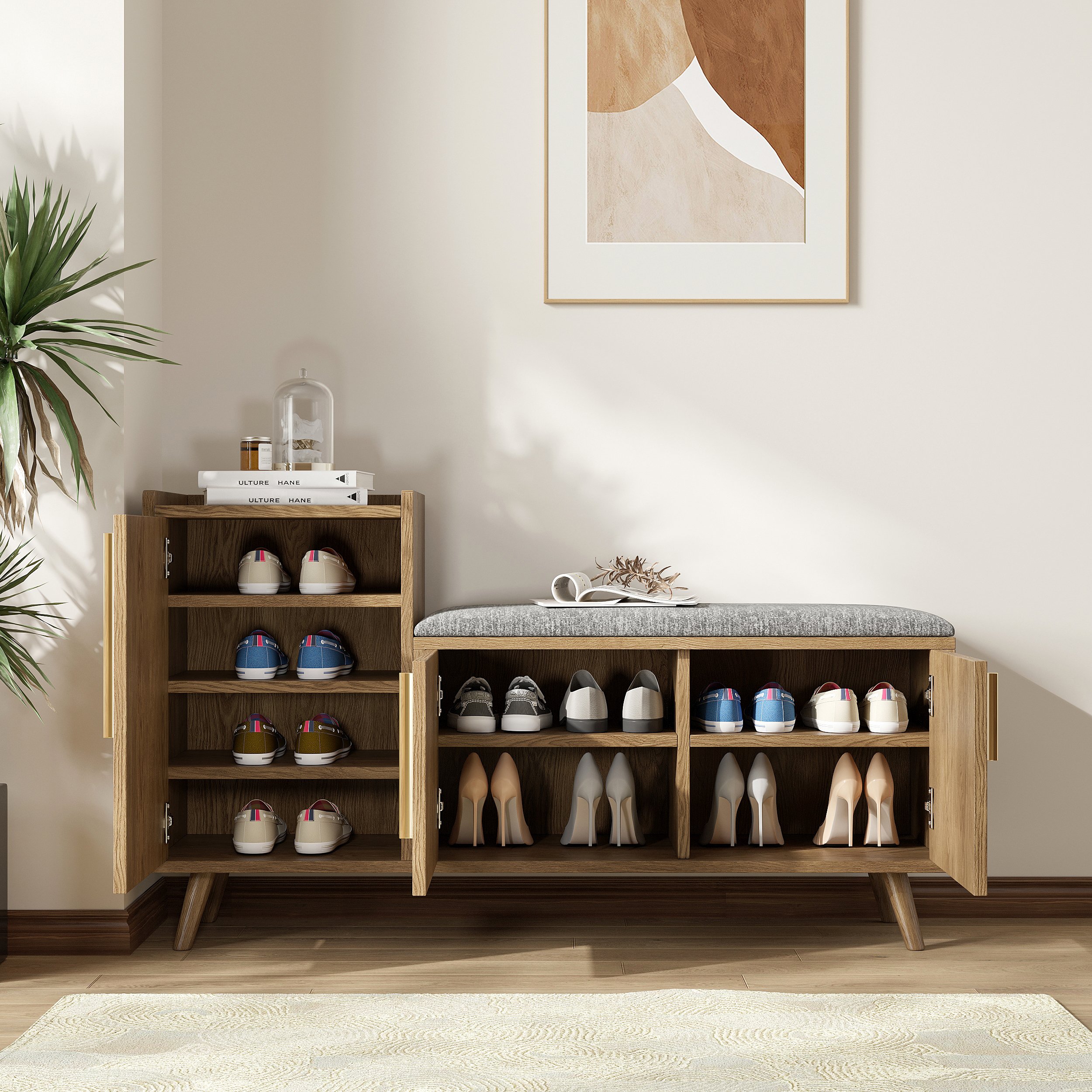 HMR 47" Shoe Storage Bench with 3 Doors & 5 Shelves - Walnut, Left Hand