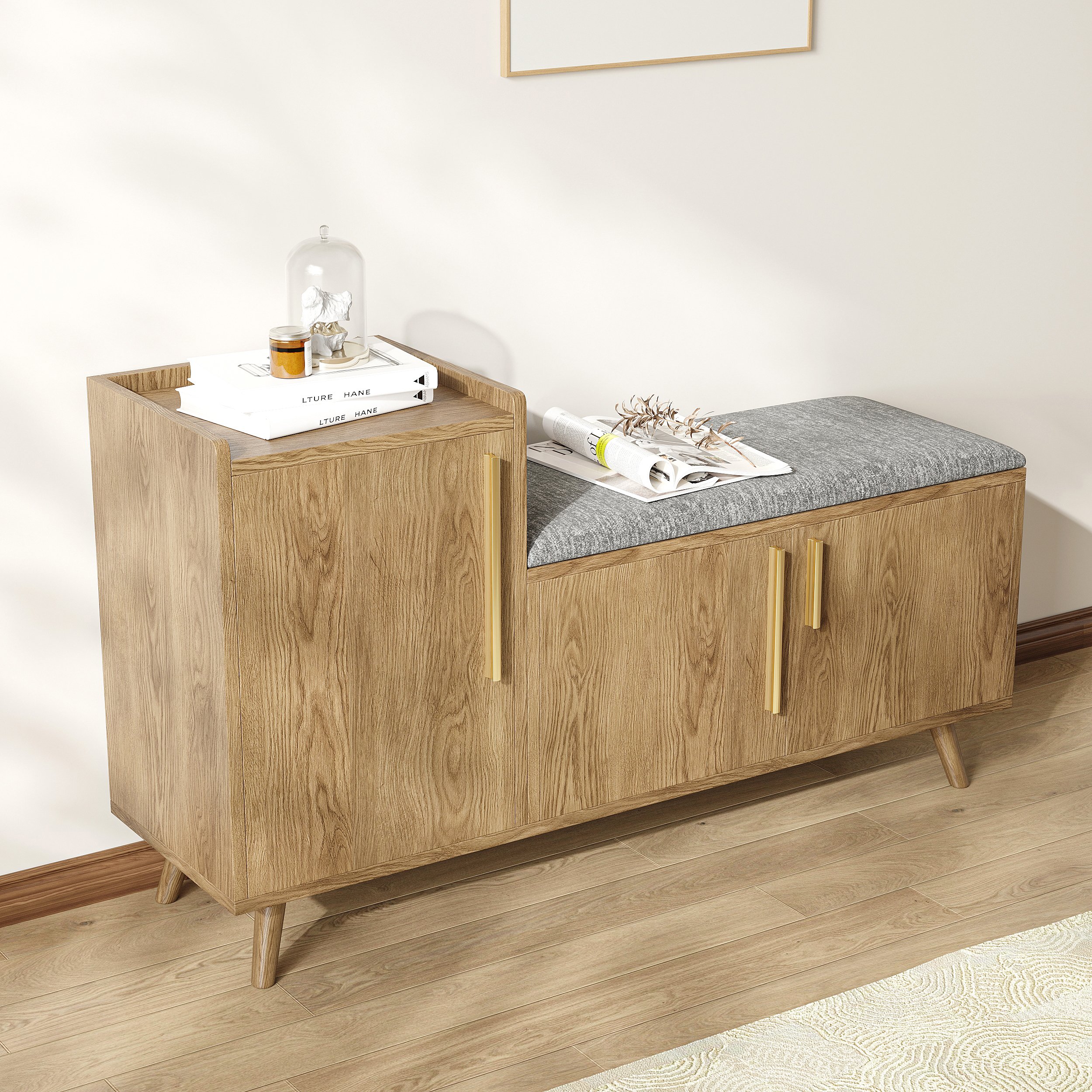 HMR 47" Shoe Storage Bench with 3 Doors & 5 Shelves - Walnut, Left Hand