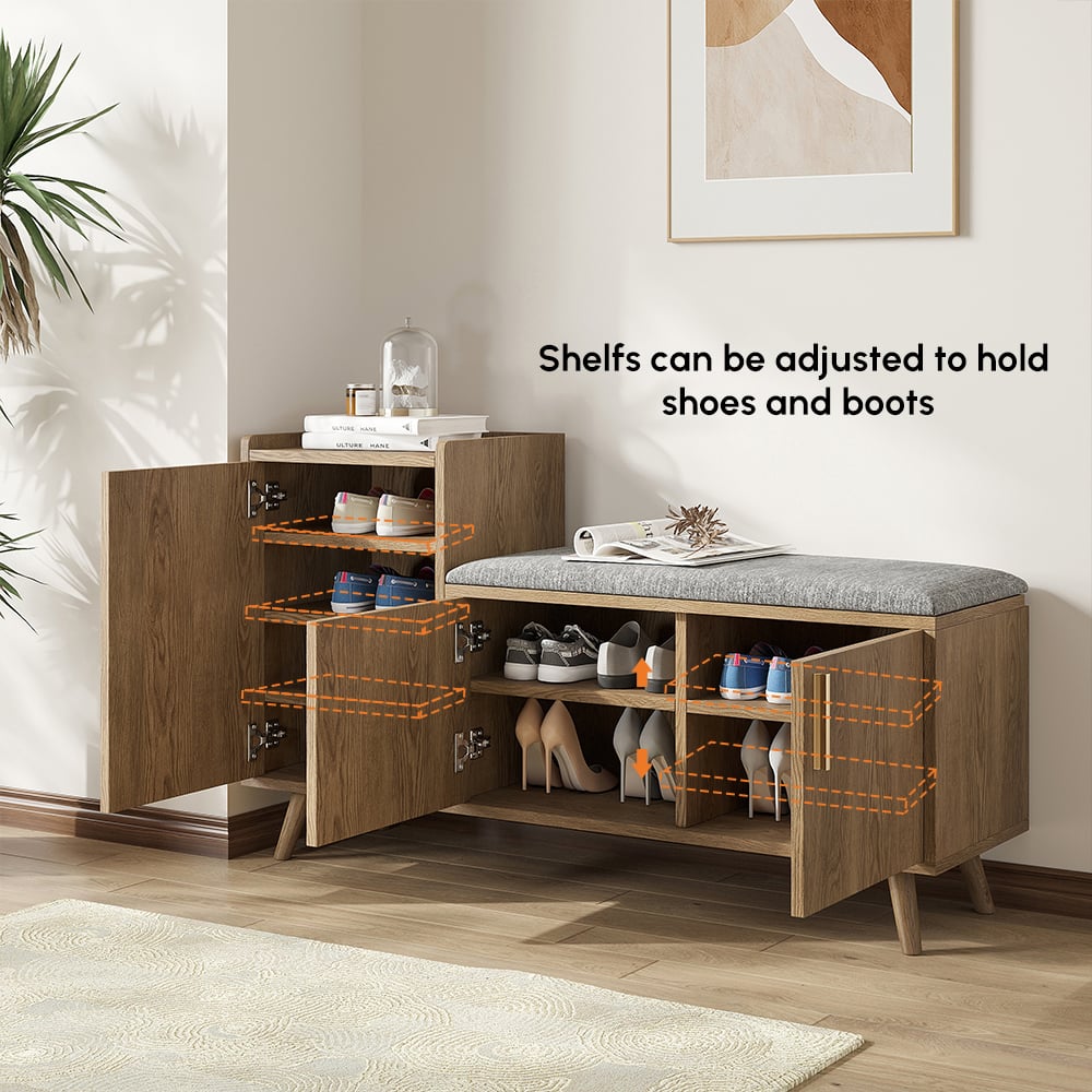 HMR 47" Shoe Storage Bench with 3 Doors & 5 Shelves - Walnut, Left Hand