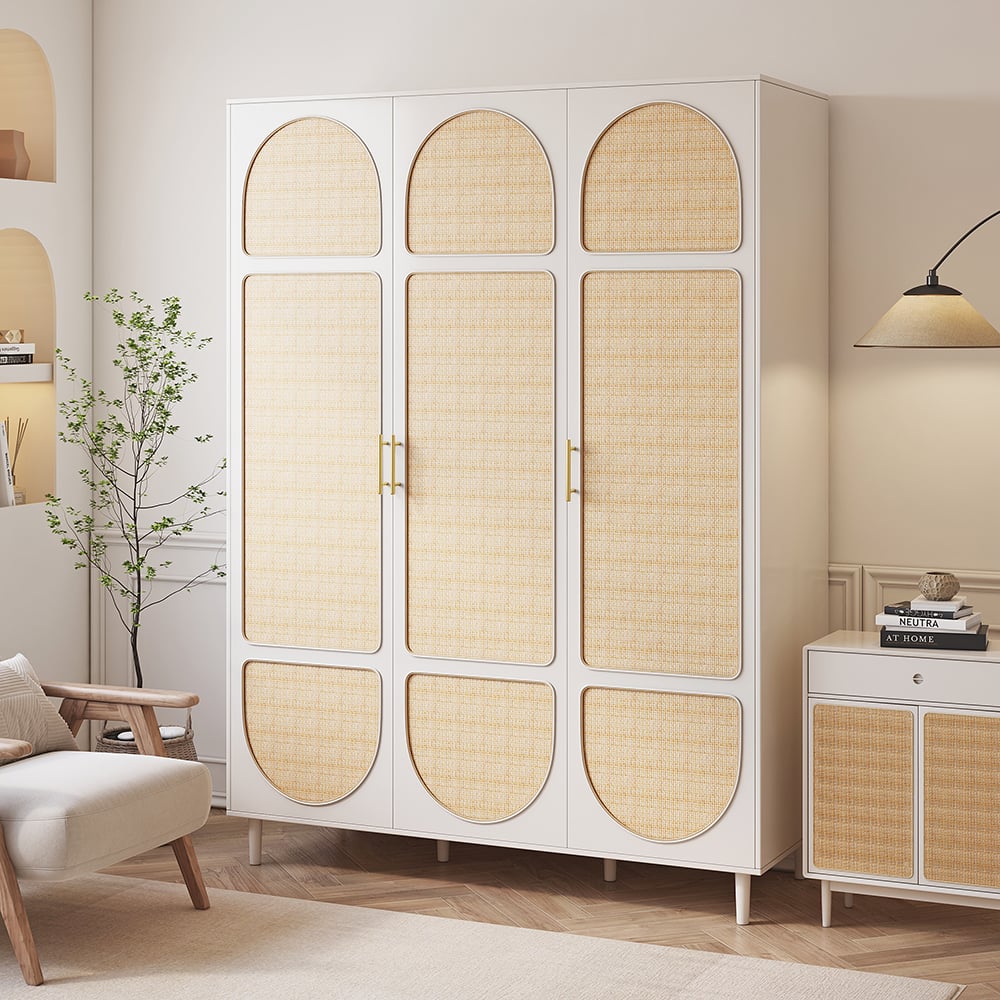 HMR - Rattan White 3 Door Bedroom Clothing Armoire Wardrobe with Shelves