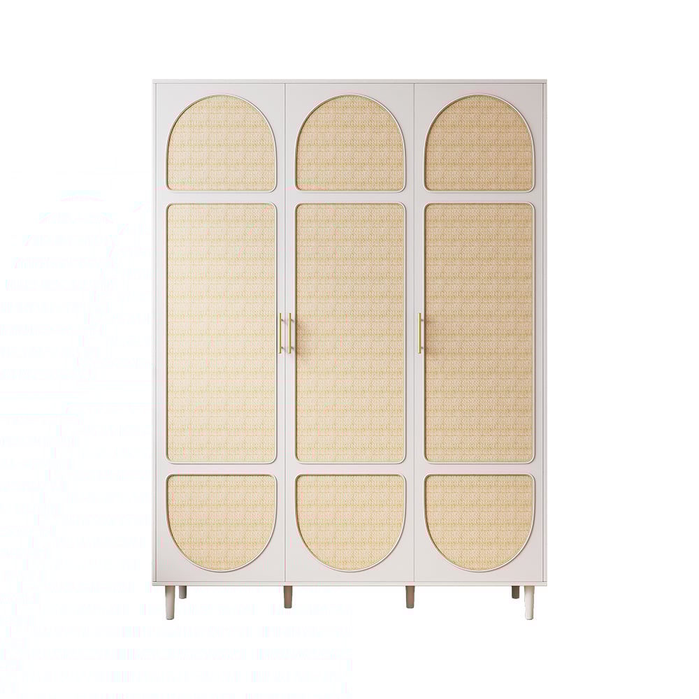 HMR - Rattan White 3 Door Bedroom Clothing Armoire Wardrobe with Shelves