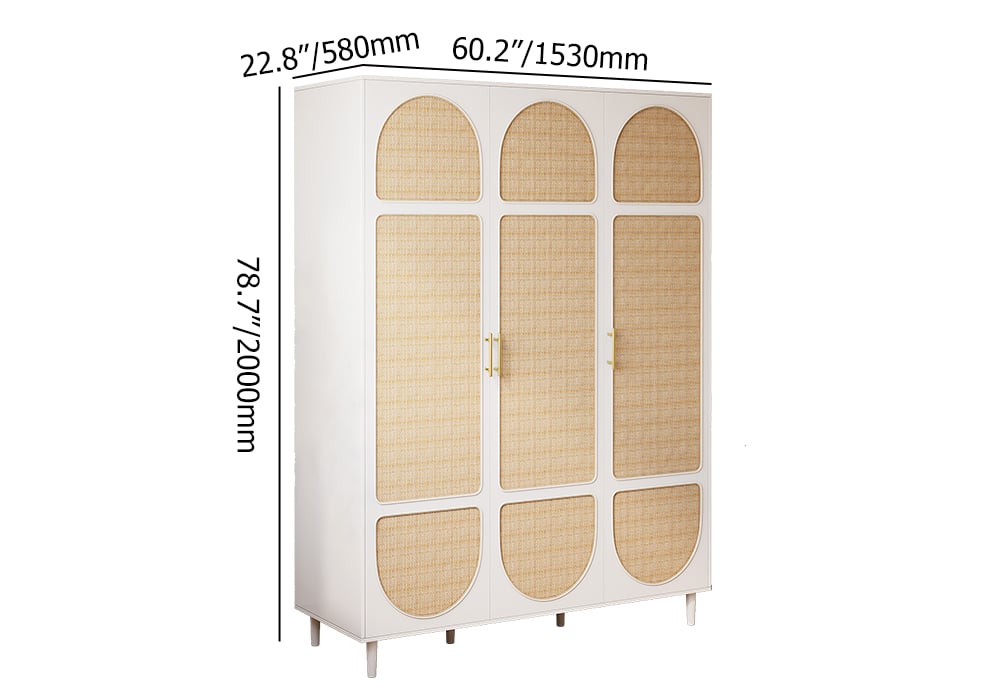 HMR - Rattan White 3 Door Bedroom Clothing Armoire Wardrobe with Shelves