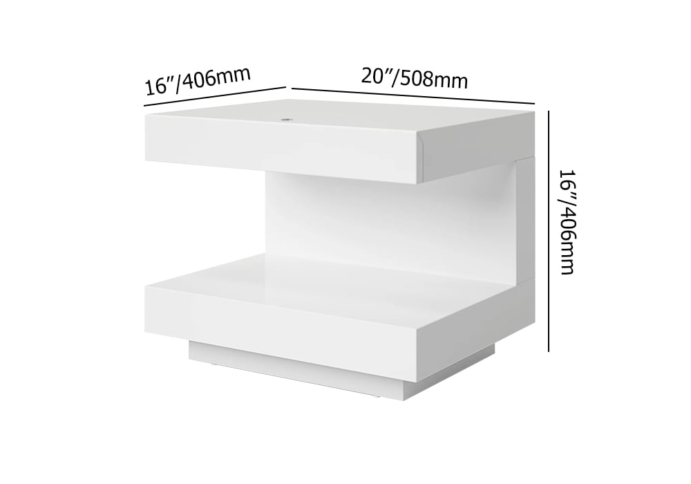 HMR Wood Nightstand with 1 Drawer C-shaped Side Table with Light - Glossy White, Single