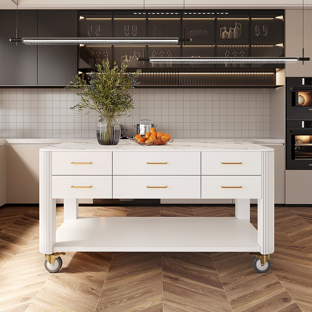 HMR - 60" White Kitchen Island with Wheels Modern Kitchen Cabinet Drawers&Doors&Shelf