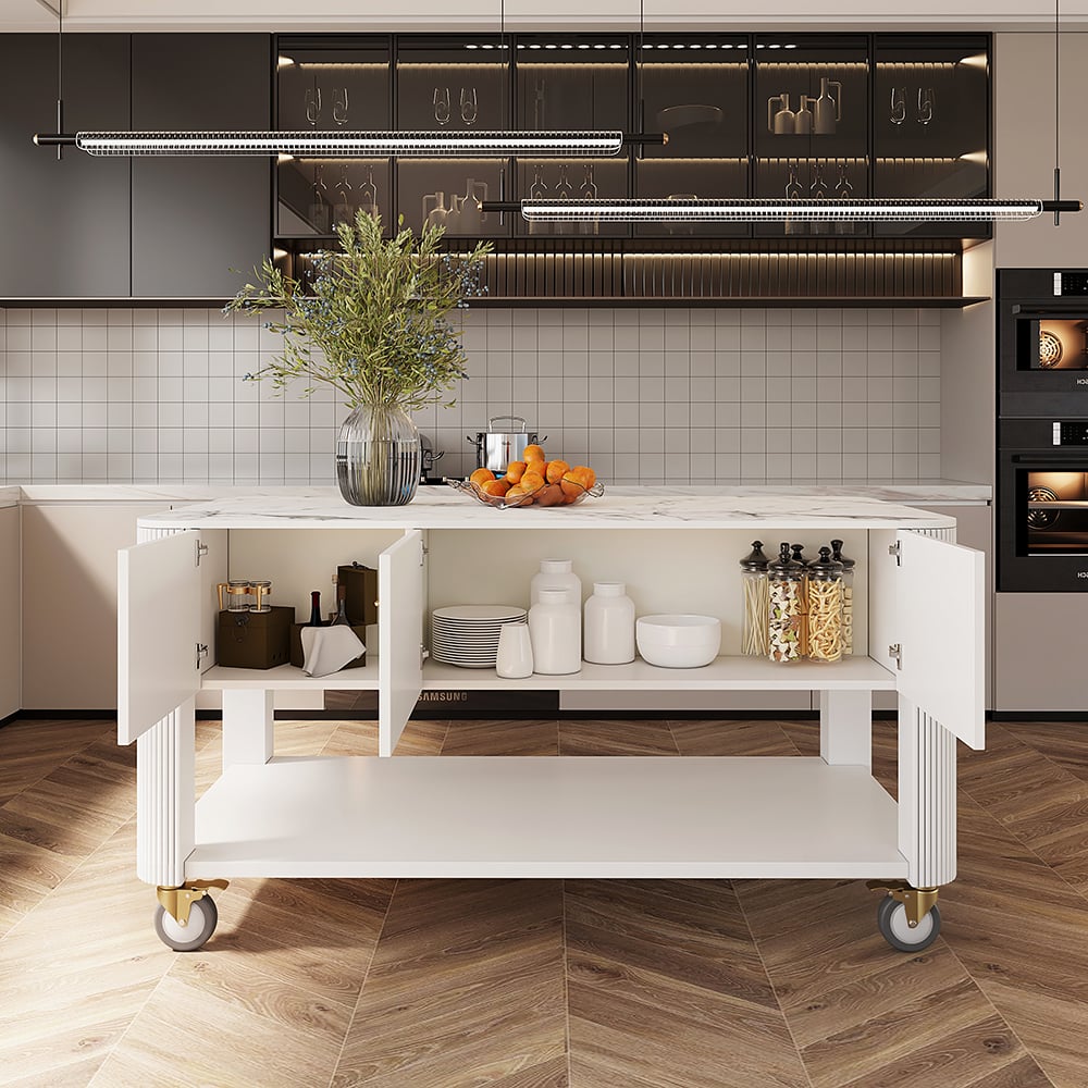 HMR - 60" White Kitchen Island with Wheels Modern Kitchen Cabinet Drawers&Doors&Shelf