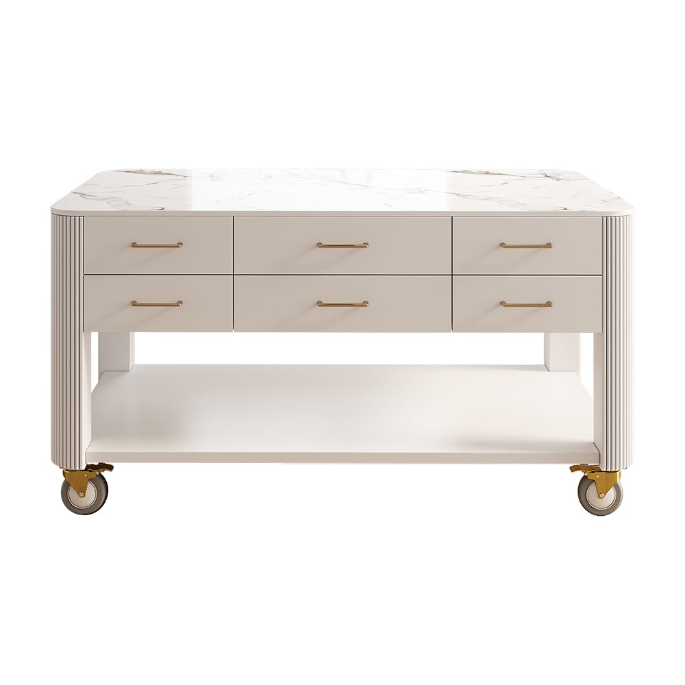 HMR - 60" White Kitchen Island with Wheels Modern Kitchen Cabinet Drawers&Doors&Shelf