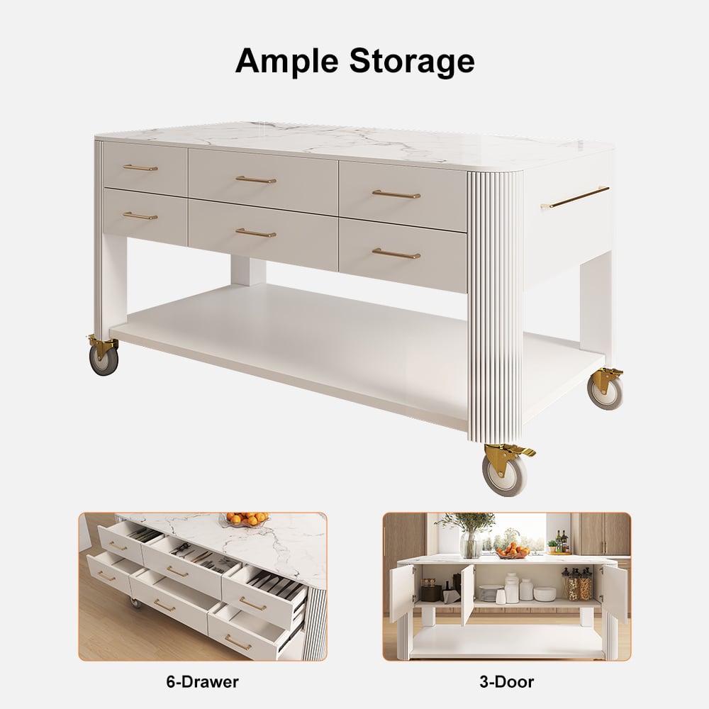 HMR - 60" White Kitchen Island with Wheels Modern Kitchen Cabinet Drawers&Doors&Shelf
