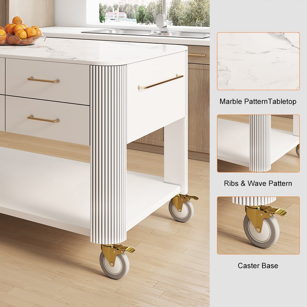 HMR - 60" White Kitchen Island with Wheels Modern Kitchen Cabinet Drawers&Doors&Shelf