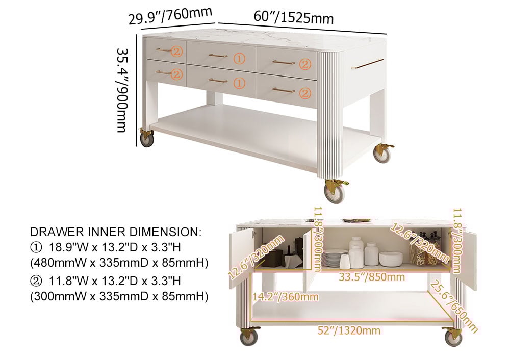 HMR - 60" White Kitchen Island with Wheels Modern Kitchen Cabinet Drawers&Doors&Shelf