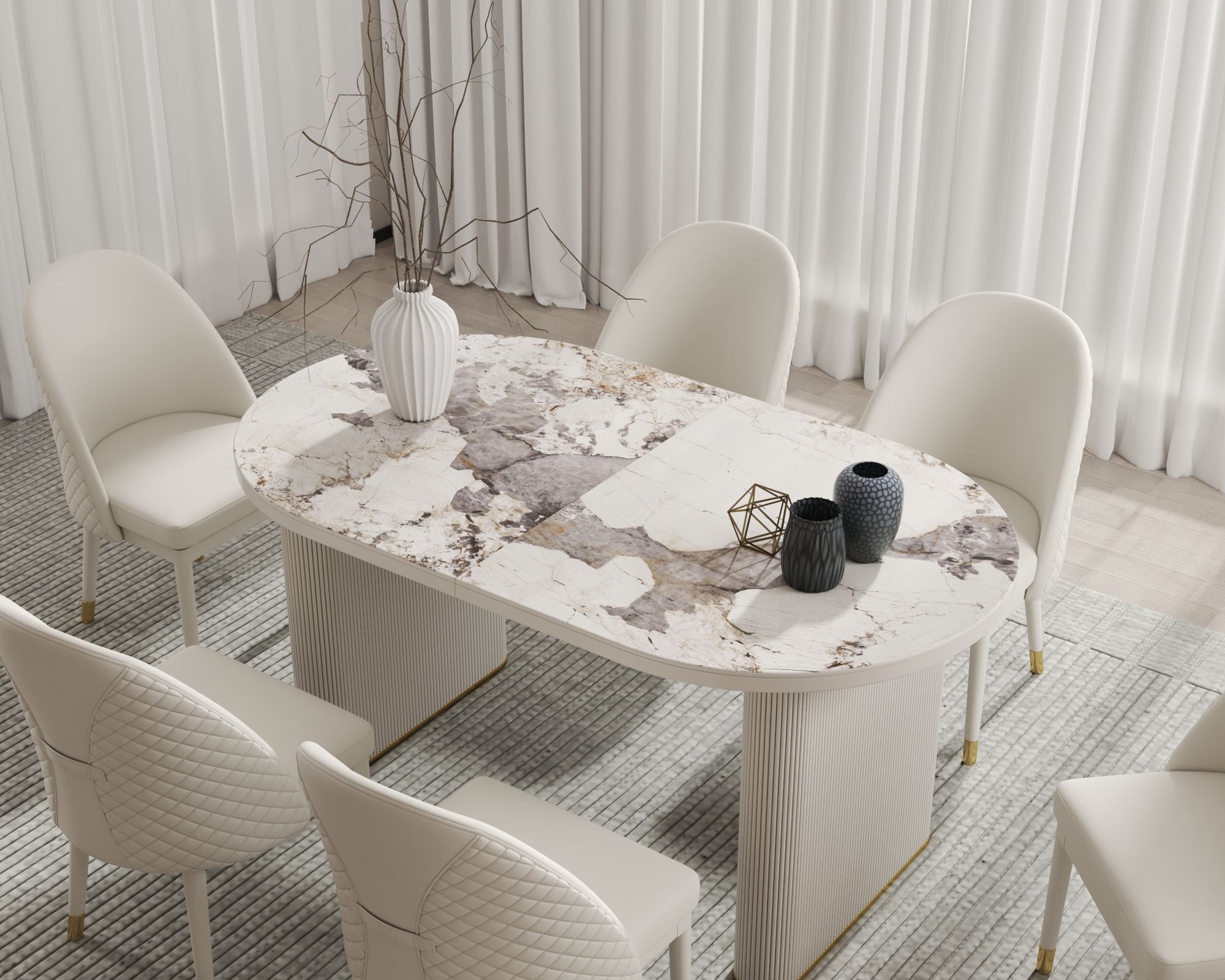 HMR 79''-95'' Oval Extendable Sintered Stone Top Dining Table Seats 8-11 - White