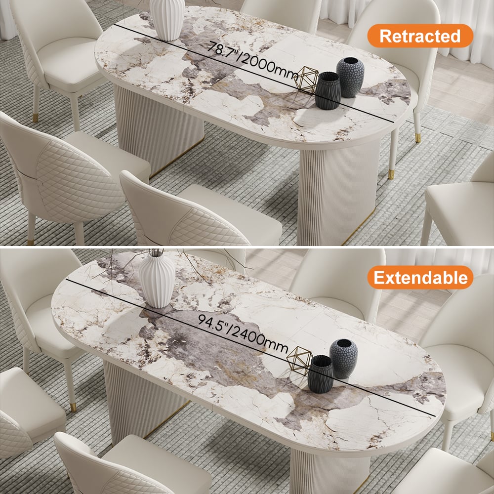 HMR 79''-95'' Oval Extendable Sintered Stone Top Dining Table Seats 8-11 - White