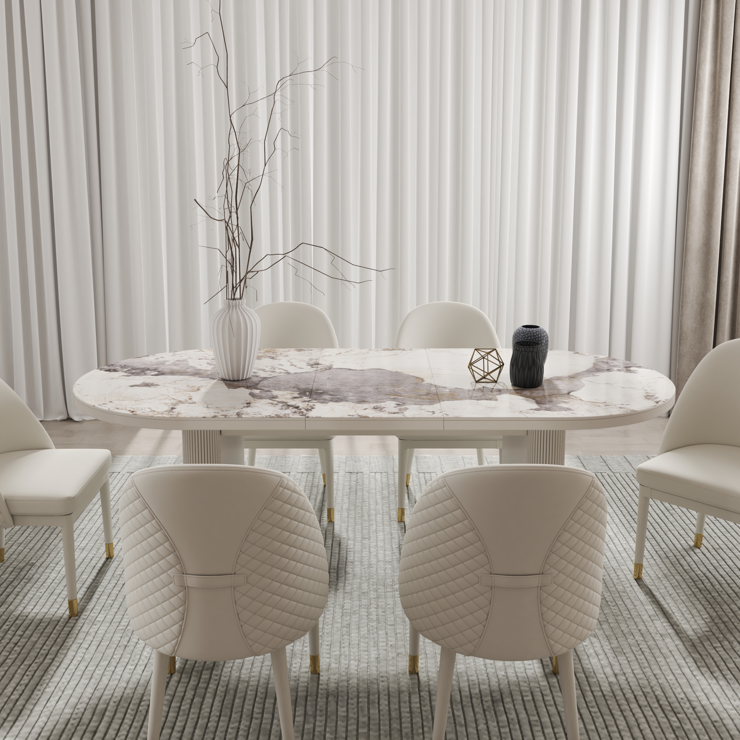 HMR 79''-95'' Oval Extendable Sintered Stone Top Dining Table Seats 8-11 - White