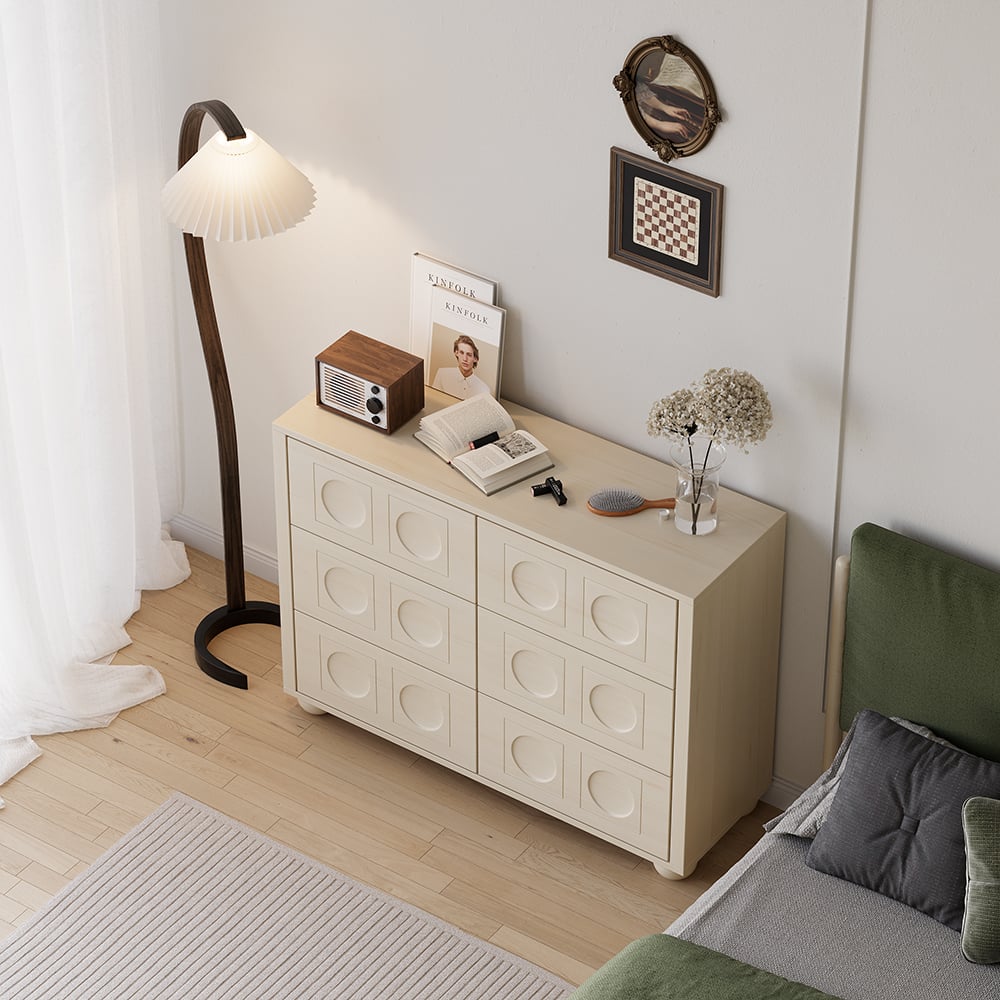 HMR - 47"W Japandi Wash White Dresser 6 Drawer Chest Cabinet with Storage