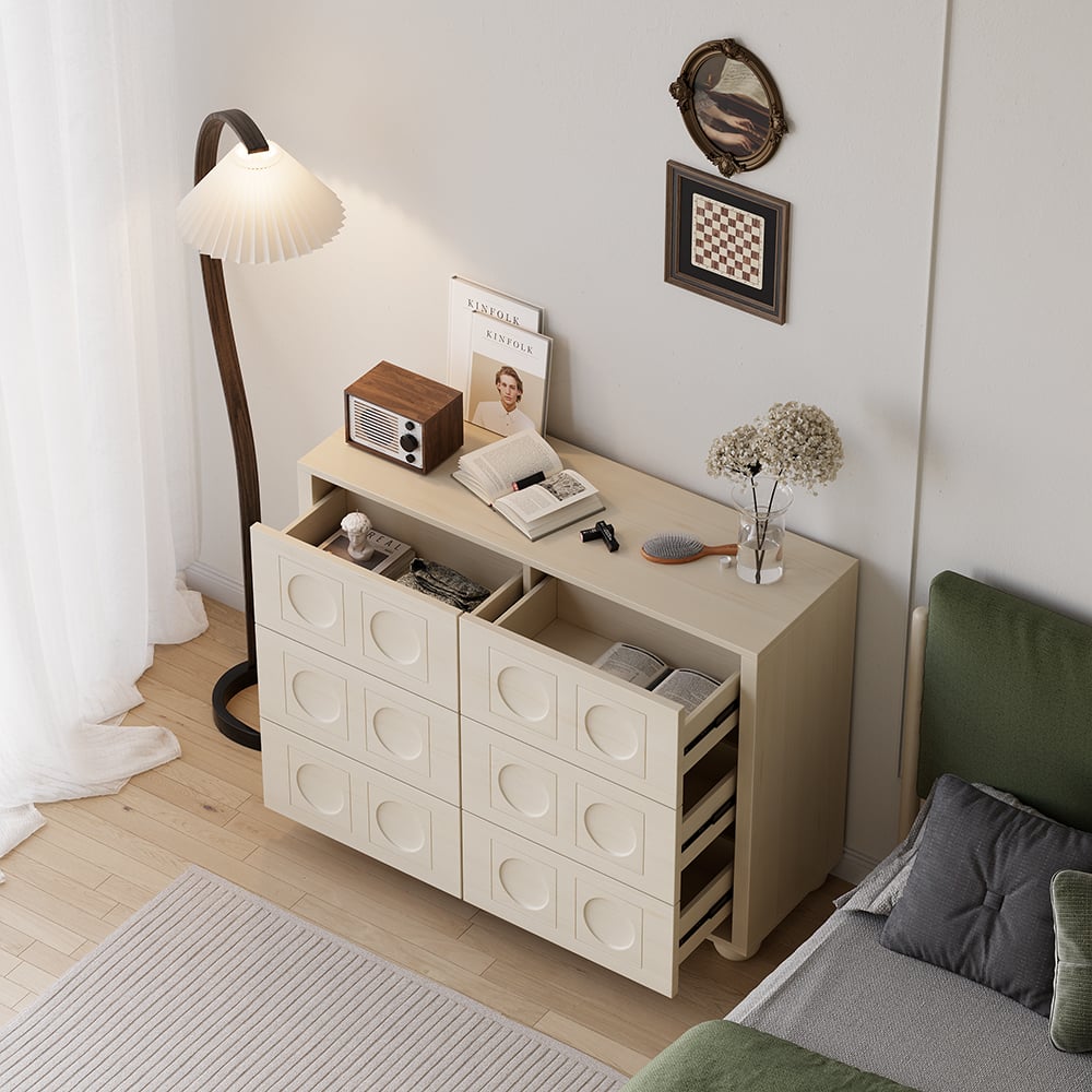 HMR - 47"W Japandi Wash White Dresser 6 Drawer Chest Cabinet with Storage