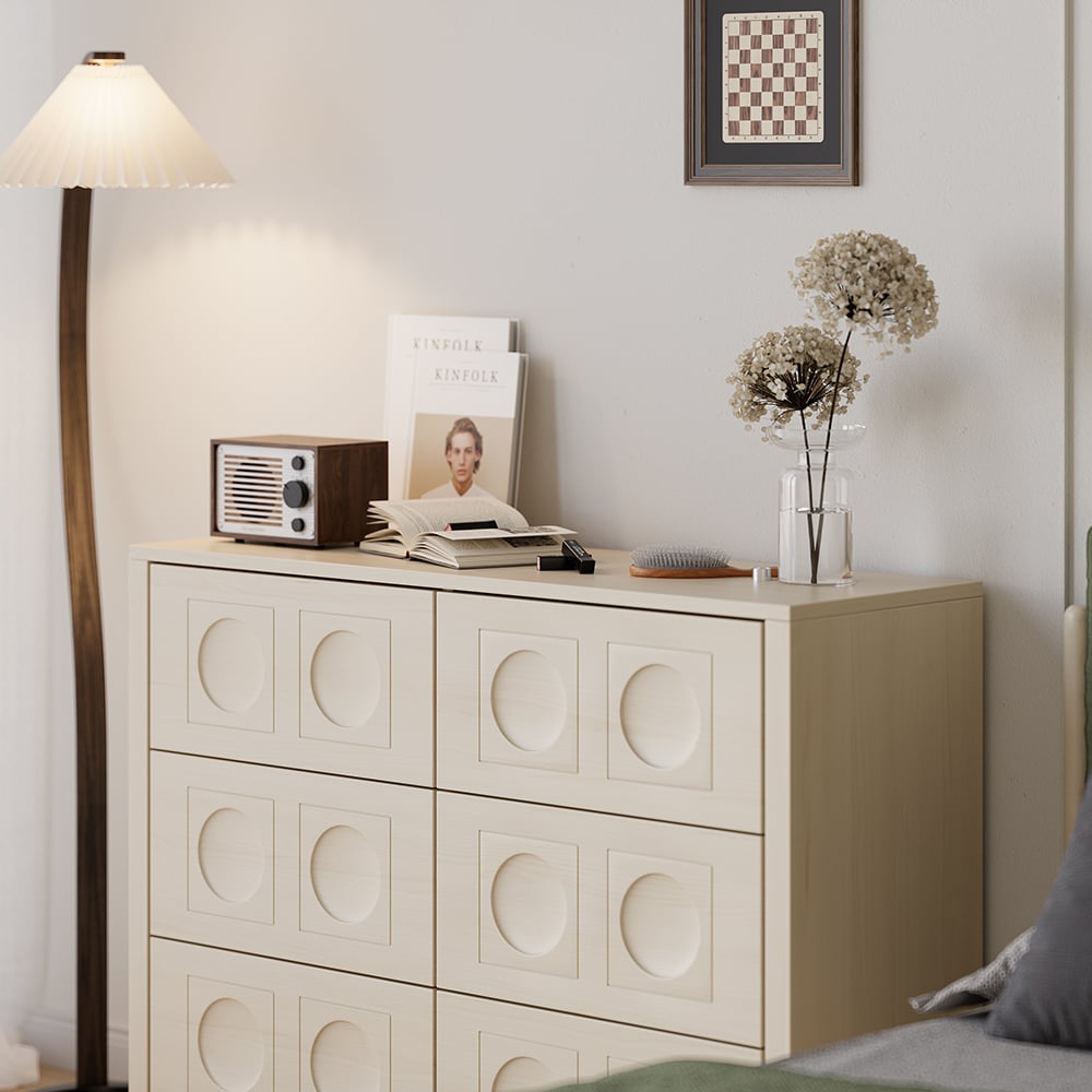 HMR - 47"W Japandi Wash White Dresser 6 Drawer Chest Cabinet with Storage