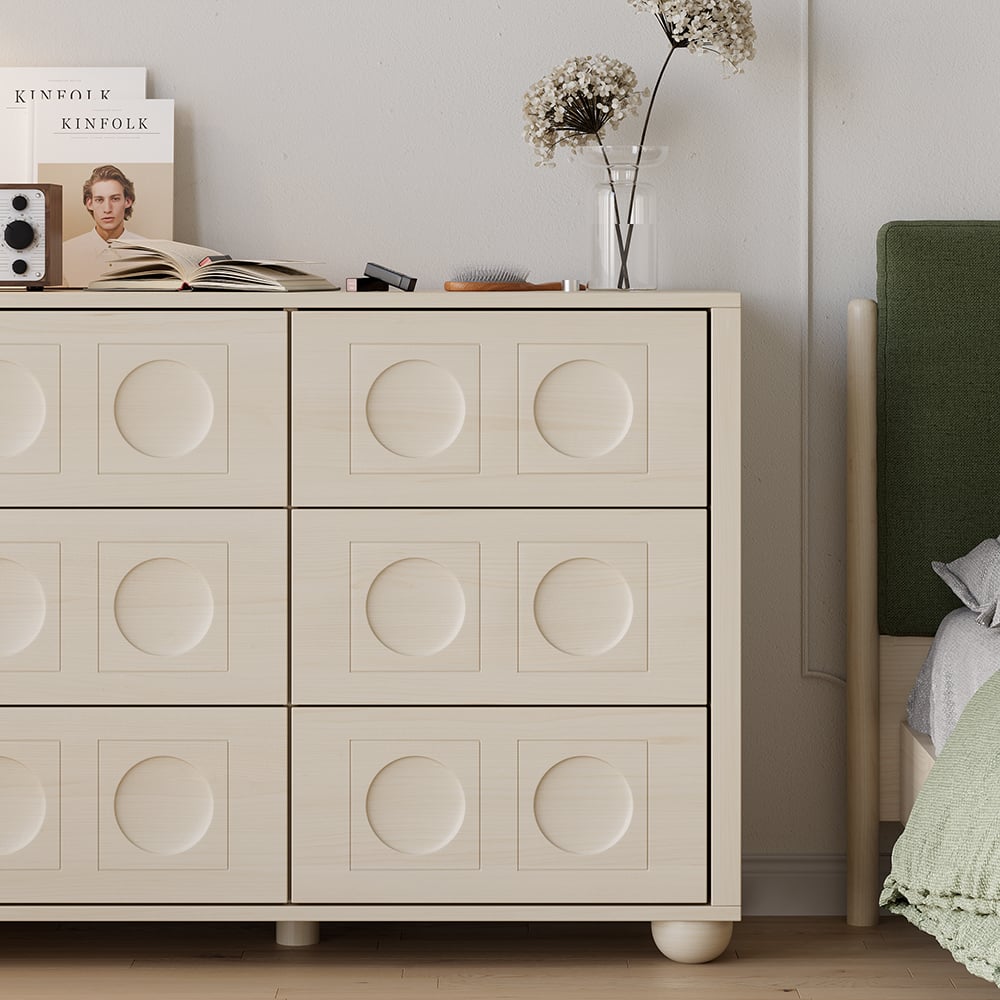 HMR - 47"W Japandi Wash White Dresser 6 Drawer Chest Cabinet with Storage