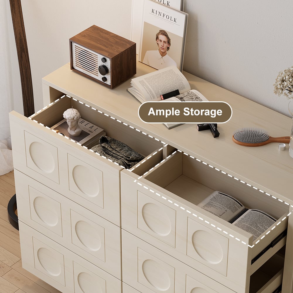 HMR - 47"W Japandi Wash White Dresser 6 Drawer Chest Cabinet with Storage