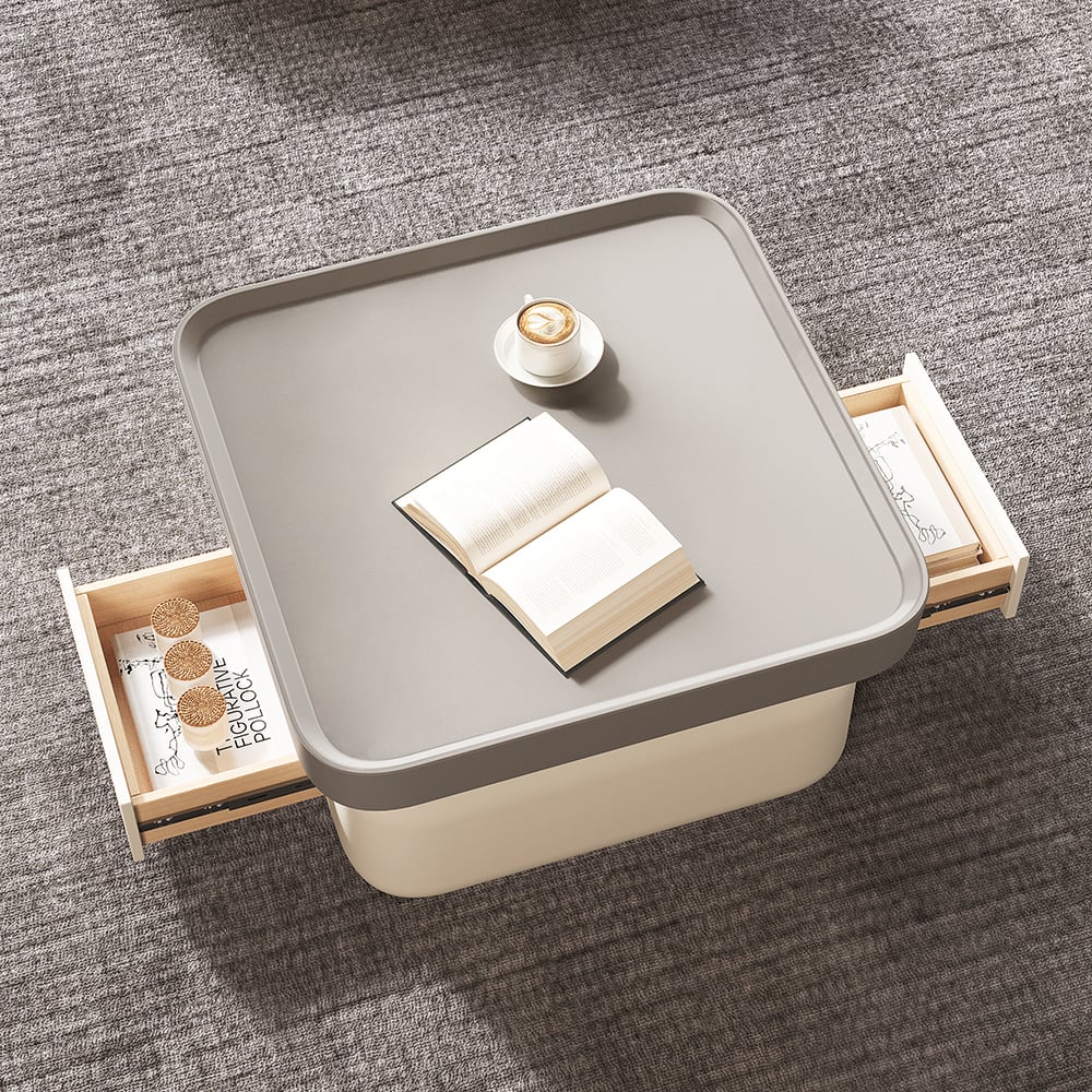 HMR - Solid Coffee Table with 2 Drawers Storage Square Living Room