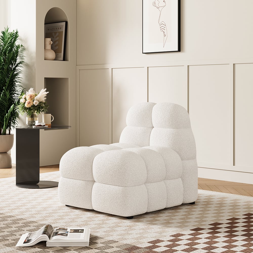 HMR - Modern Off-White Cream Boucle Accent Chair Cloud Lounge Chair Soft Cushion