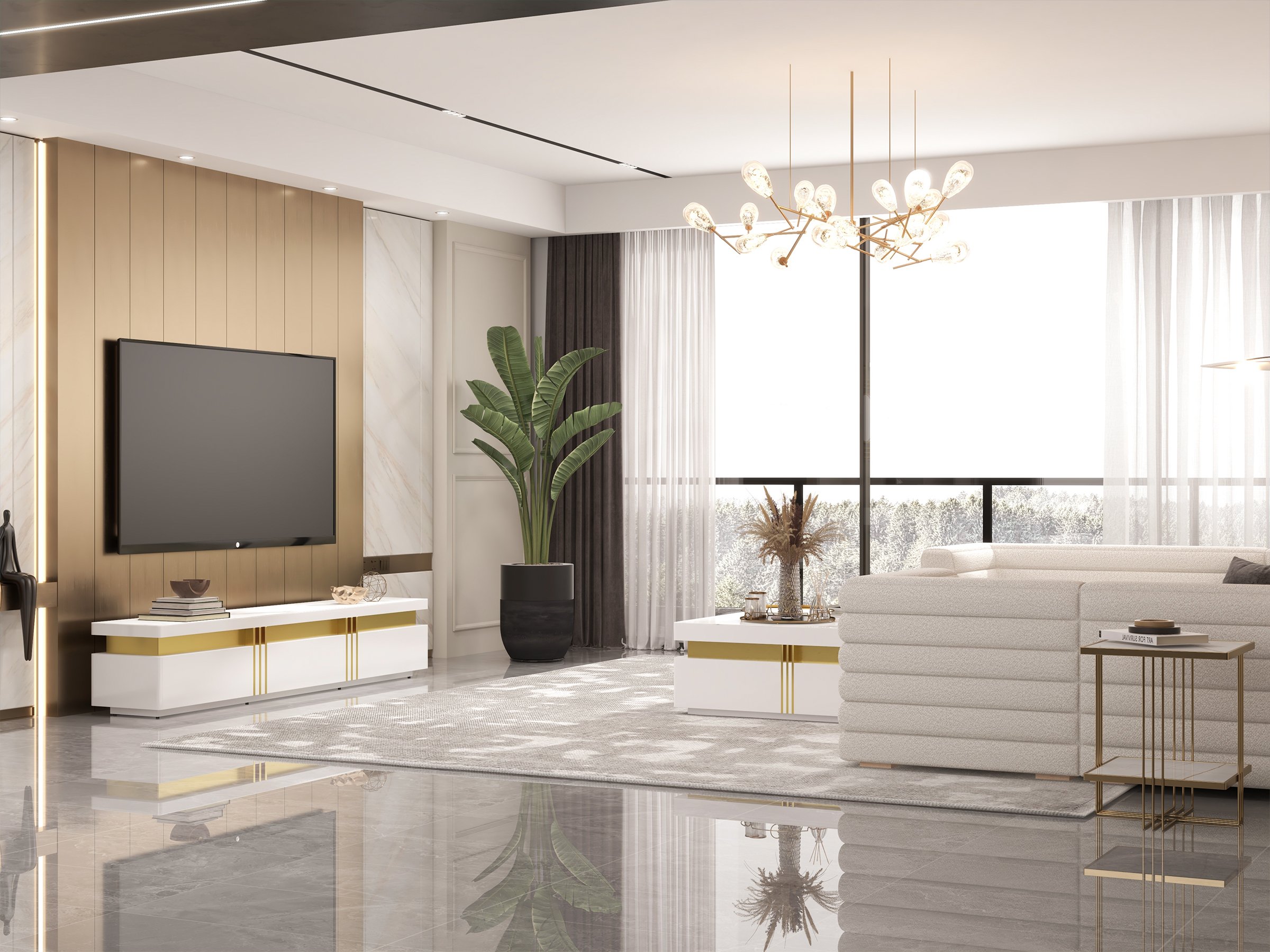 HMR - Trimied White TV Stand Sintered Stone Media Console 3 Drawers Storage for TVs Up to 85"