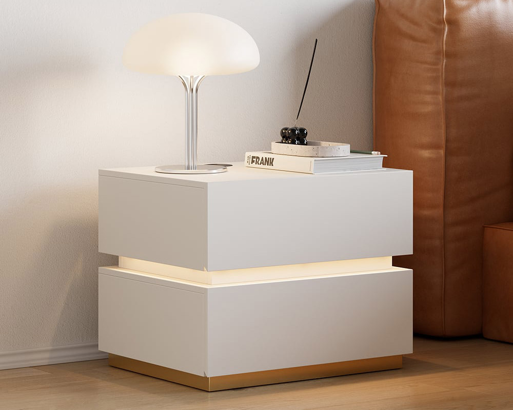 HMR Nightstand with Light & Charging Station - White, 2 Drawers, Single
