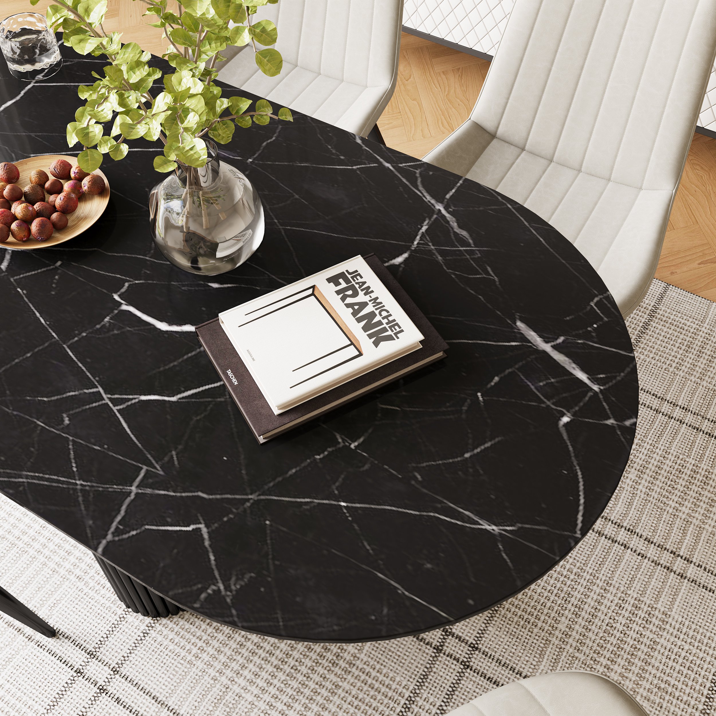 HMR Modern Round Sintered Stone Dining Table - Black, 55.1"L x 29.5"W x 29.5"H