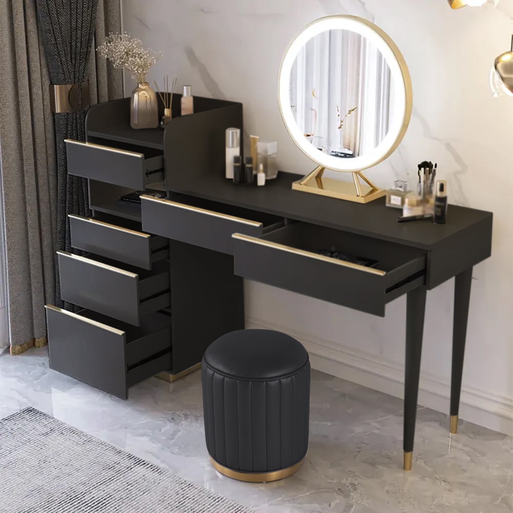 HMR Modern Makeup Vanity Set Dressing Table with Lighted Mirror Cabinet & Stool Included - Black