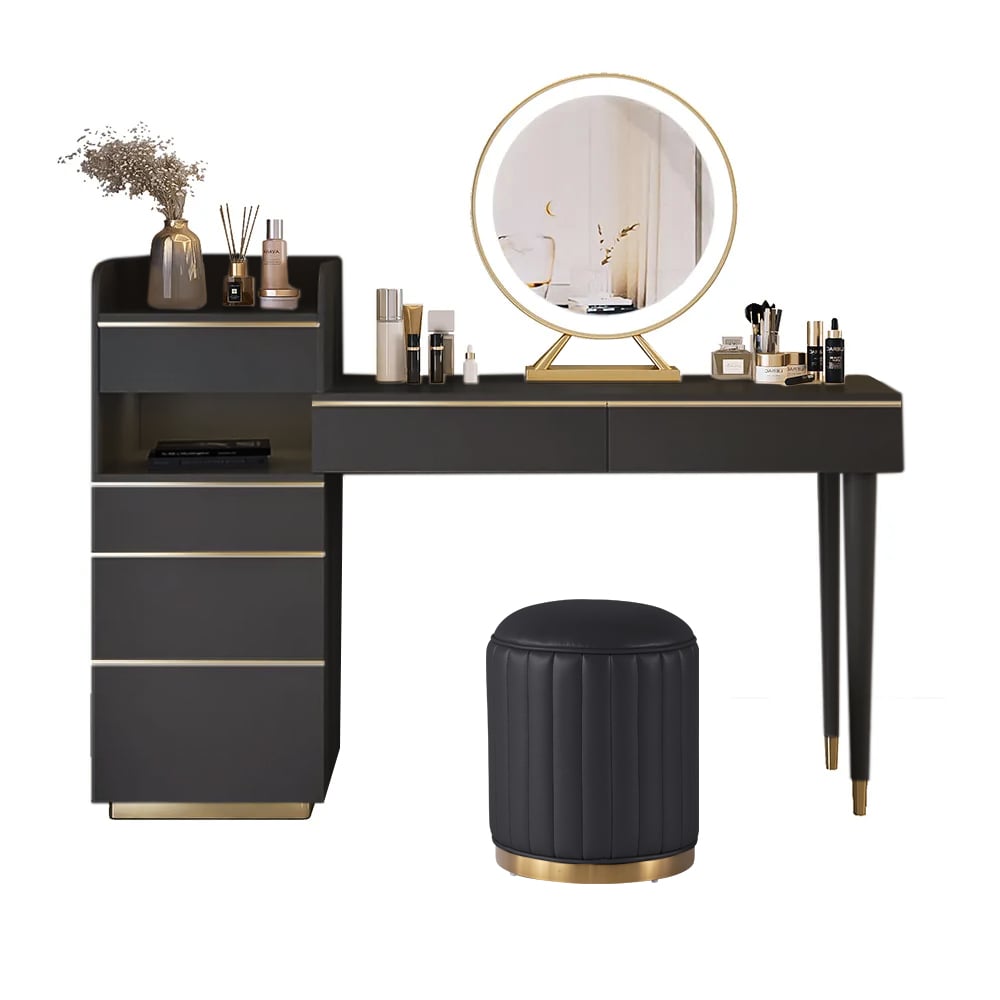 HMR Modern Makeup Vanity Set Dressing Table with Lighted Mirror Cabinet & Stool Included - Black