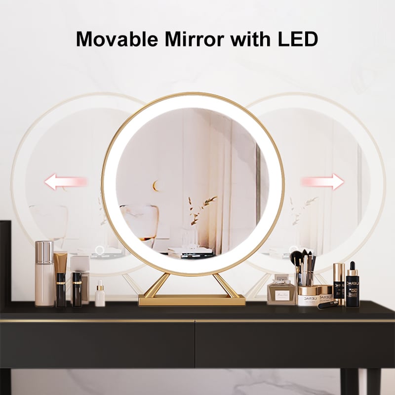 HMR Modern Makeup Vanity Set Dressing Table with Lighted Mirror Cabinet & Stool Included - Black