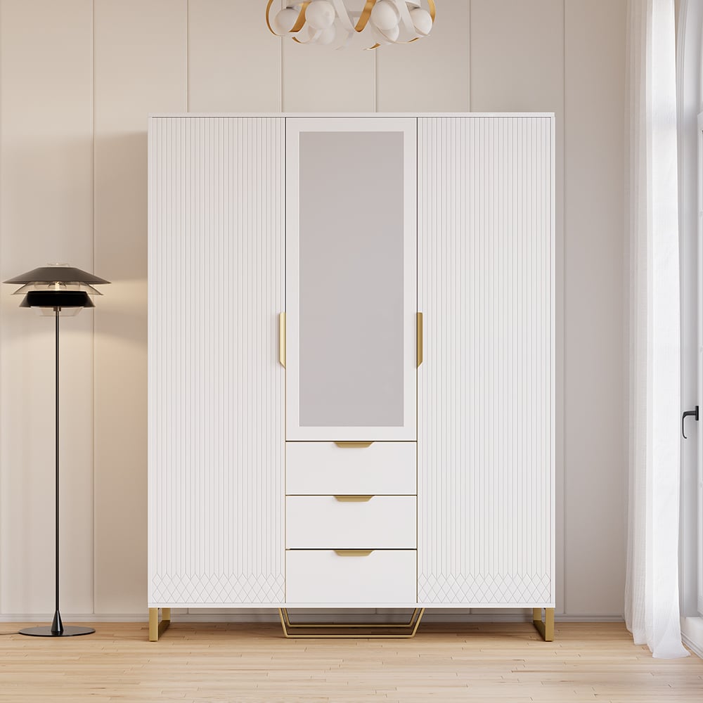 HMR - Aro Modern 3 Door Mirrored Armoire Dresser with Shelves & Drawers Tall Wardrobe Closet